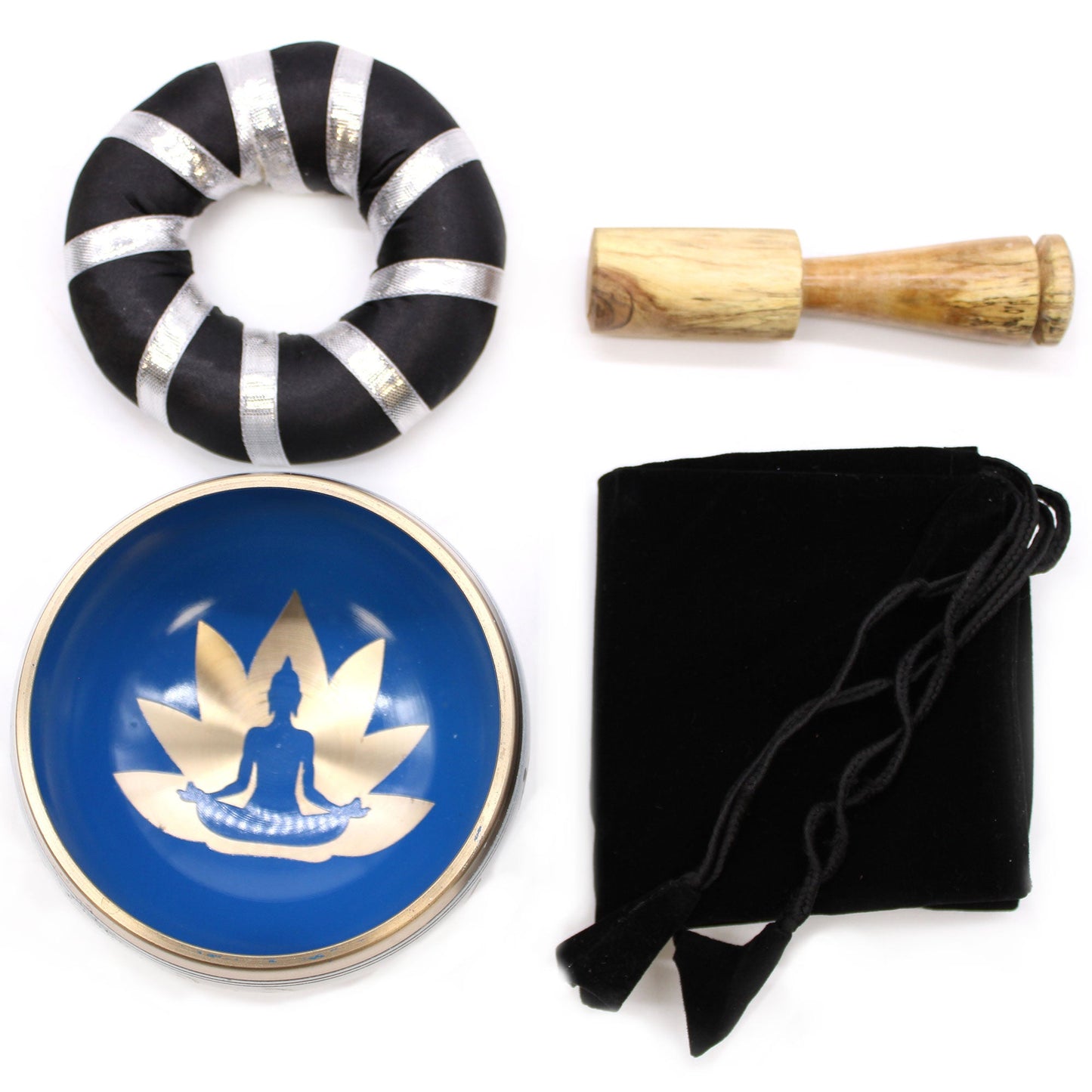10.7cm Brass Singing Bowl Set - Yoga Poses / White and Blue product packaging on clean background from Quintessential Holistic Health Ltd