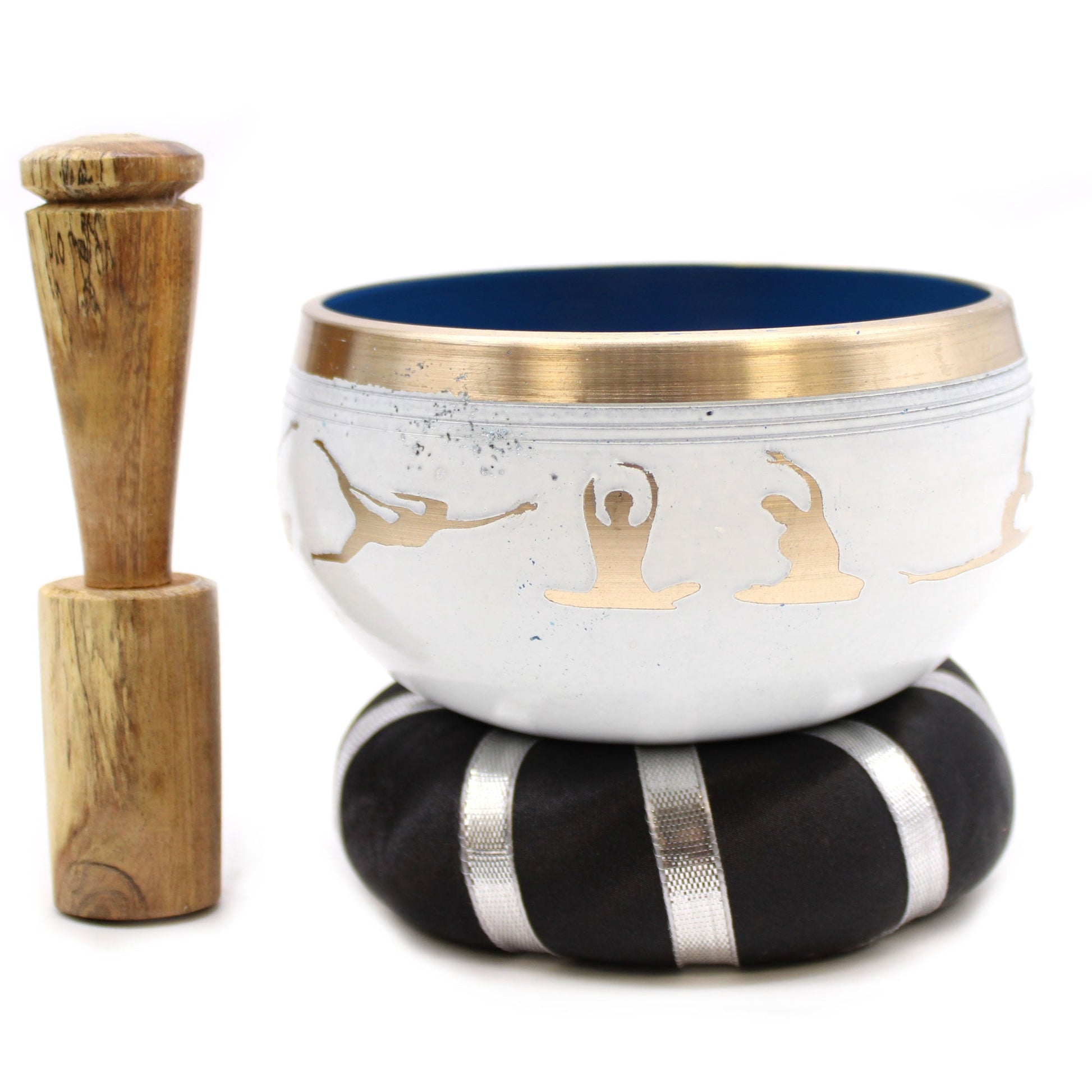 10.7cm Brass Singing Bowl Set - Yoga Poses / White and Blue product packaging on clean background from Quintessential Holistic Health Ltd