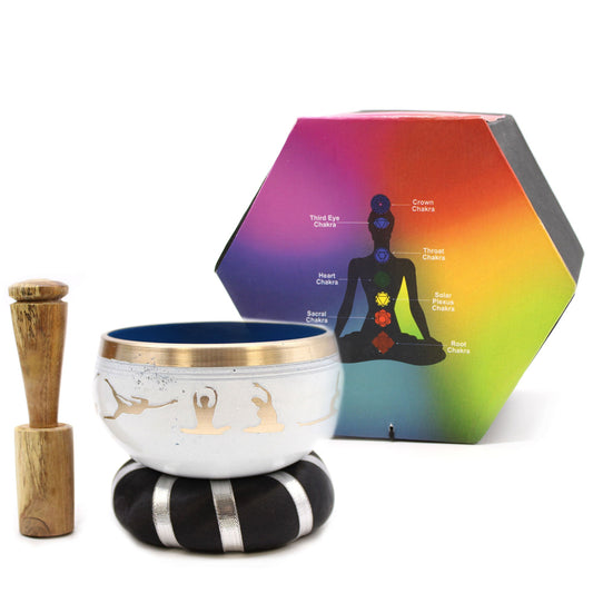 10.7cm Brass Singing Bowl Set - Yoga Poses / White and Blue product packaging on clean background from Quintessential Holistic Health Ltd
