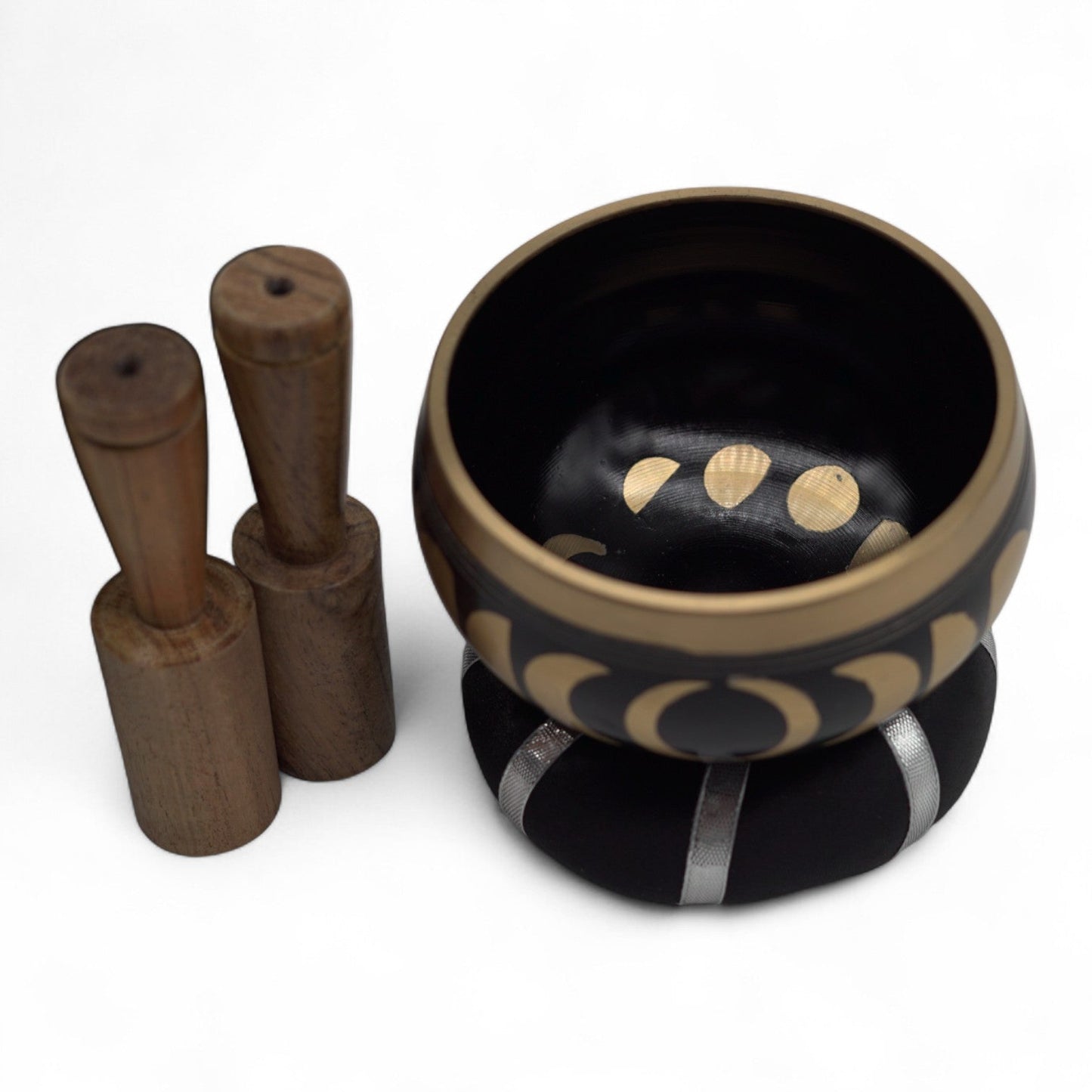 10.7cm Brass Singing Bowl Set- Moon Phase / Black product packaging on clean background from Quintessential Holistic Health Ltd