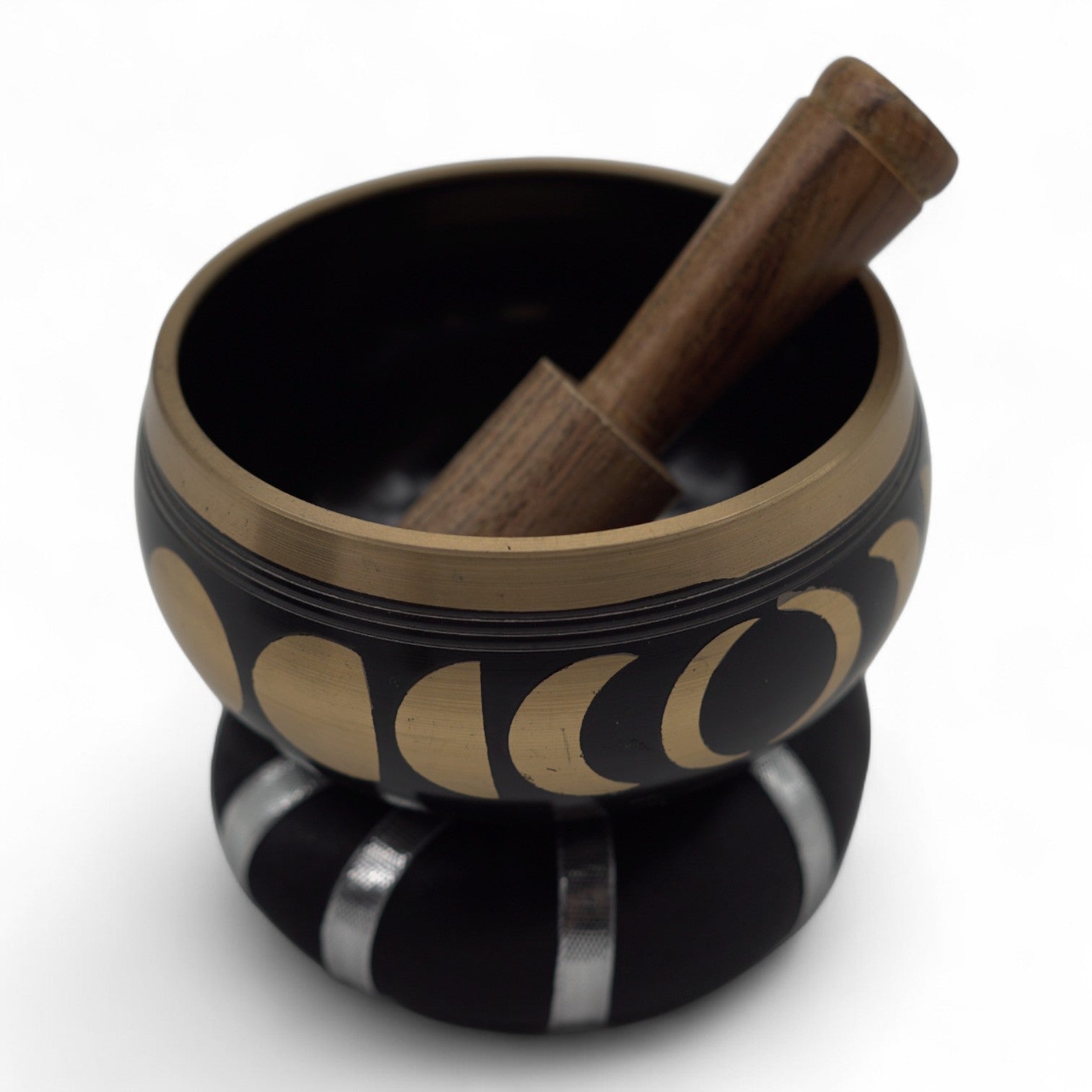 10.7cm Brass Singing Bowl Set- Moon Phase / Black product packaging on clean background from Quintessential Holistic Health Ltd