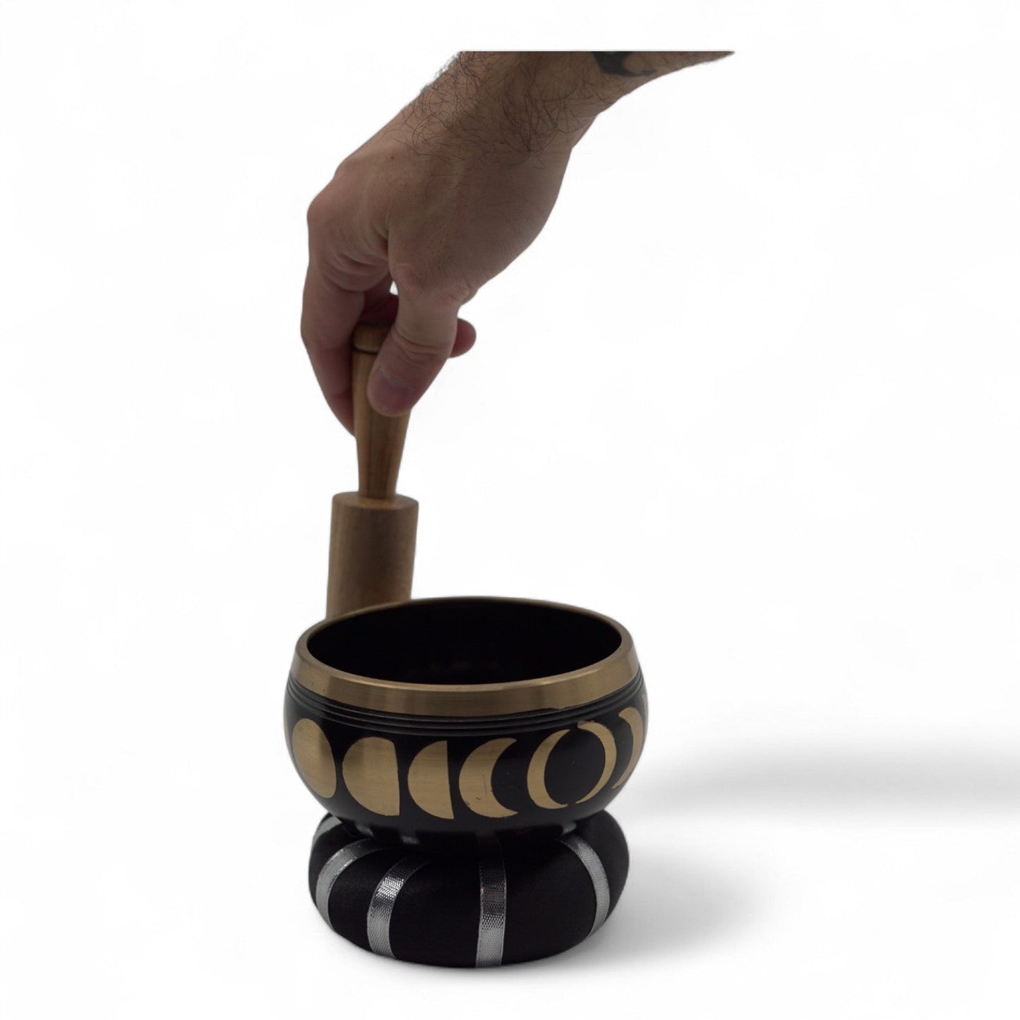 10.7cm Brass Singing Bowl Set- Moon Phase / Black product packaging on clean background from Quintessential Holistic Health Ltd