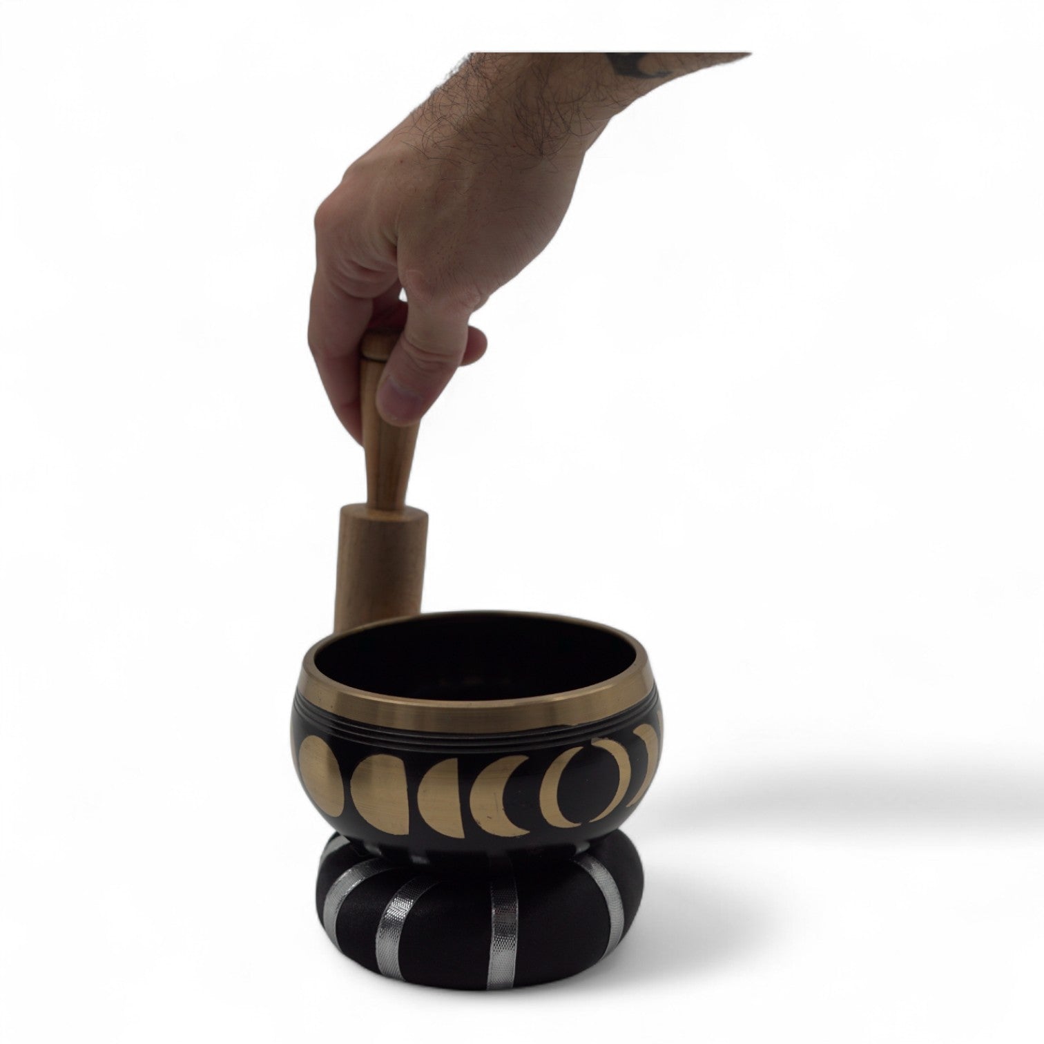 10.7cm Brass Singing Bowl Set- Moon Phase / Black product packaging on clean background from Quintessential Holistic Health Ltd