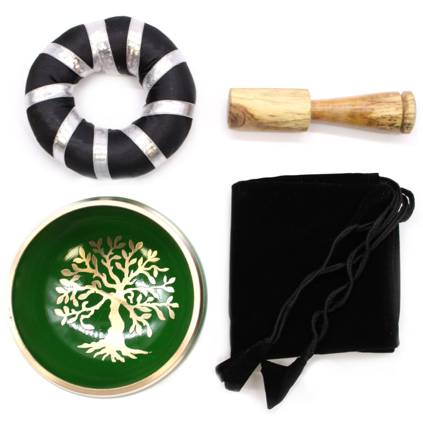 10.7cm Brass Singing Bowl Set - Tree of Life / Green product packaging on clean background from Quintessential Holistic Health Ltd