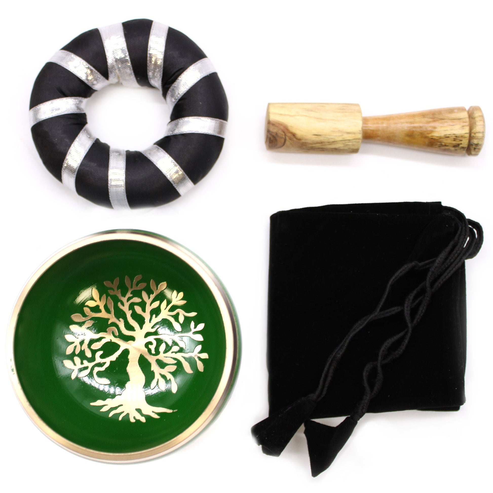 10.7cm Brass Singing Bowl Set - Tree of Life / Green product packaging on clean background from Quintessential Holistic Health Ltd