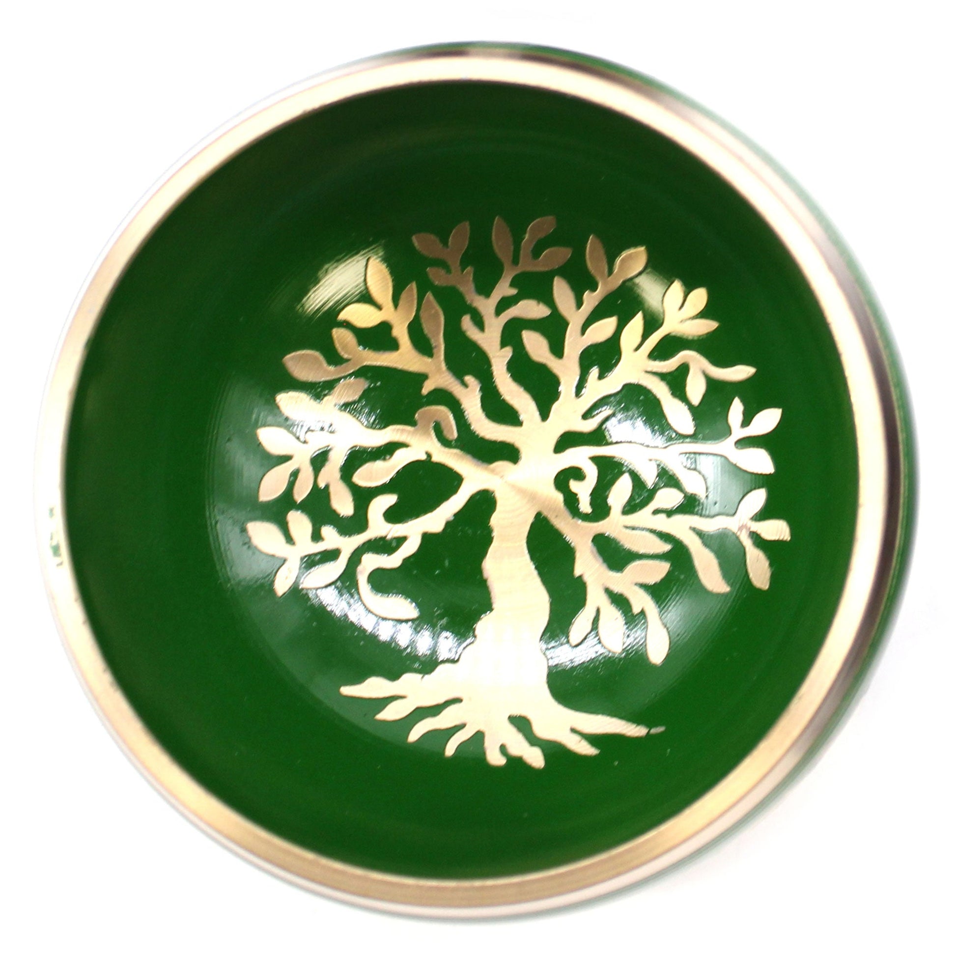10.7cm Brass Singing Bowl Set - Tree of Life / Green product packaging on clean background from Quintessential Holistic Health Ltd