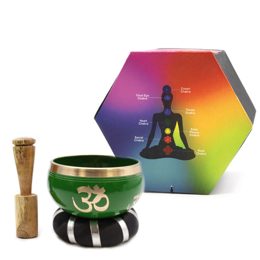 10.7cm Brass Singing Bowl Set - Tree of Life / Green product packaging on clean background from Quintessential Holistic Health Ltd
