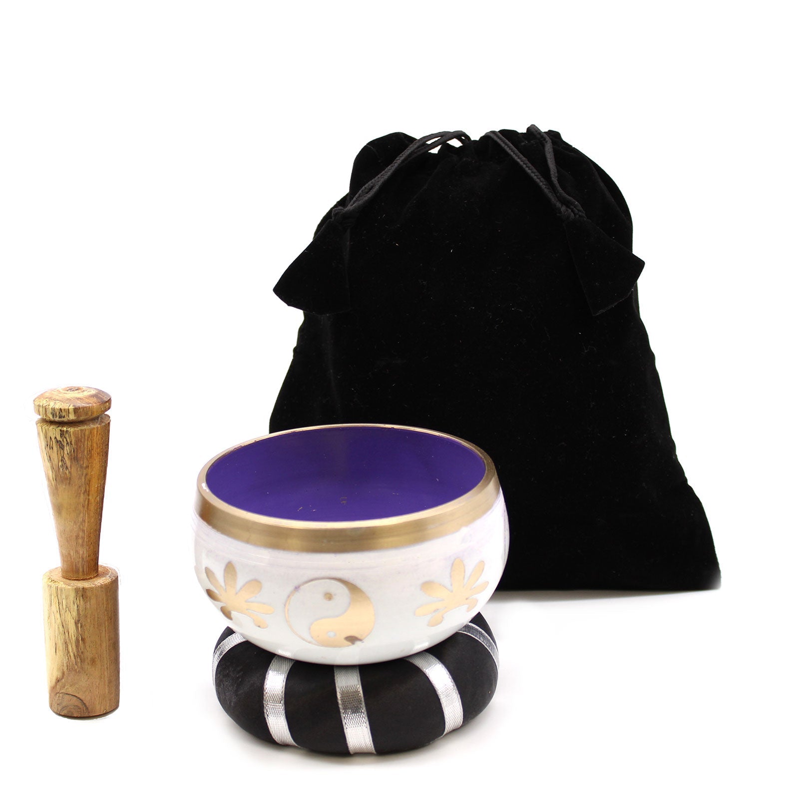 10.7cm Brass Singing Bowl Set- Yin and Yang / White and Purple product packaging on clean background from Quintessential Holistic Health Ltd