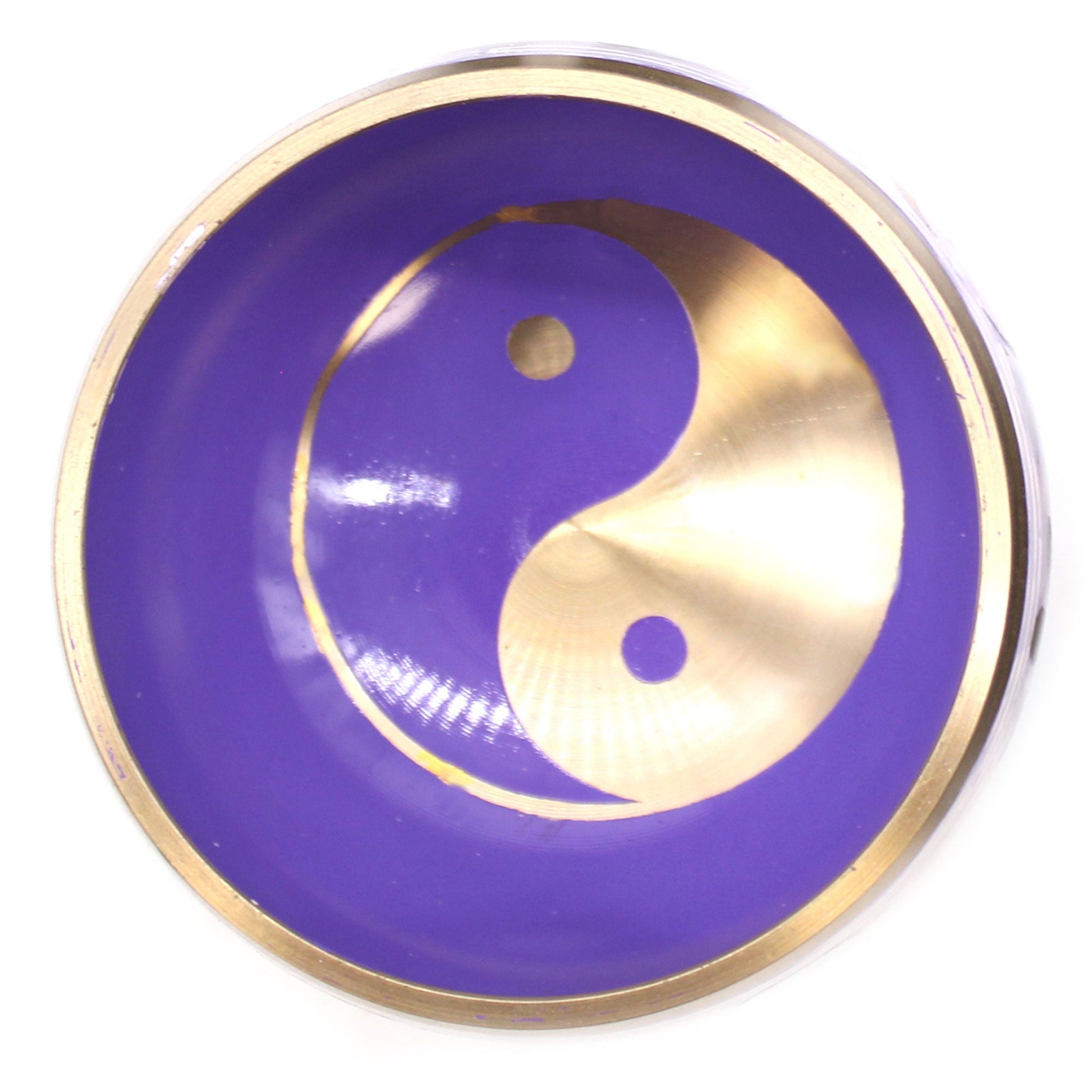 10.7cm Brass Singing Bowl Set- Yin and Yang / White and Purple product packaging on clean background from Quintessential Holistic Health Ltd