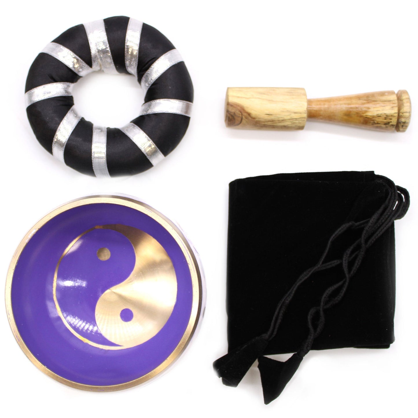10.7cm Brass Singing Bowl Set- Yin and Yang / White and Purple product packaging on clean background from Quintessential Holistic Health Ltd