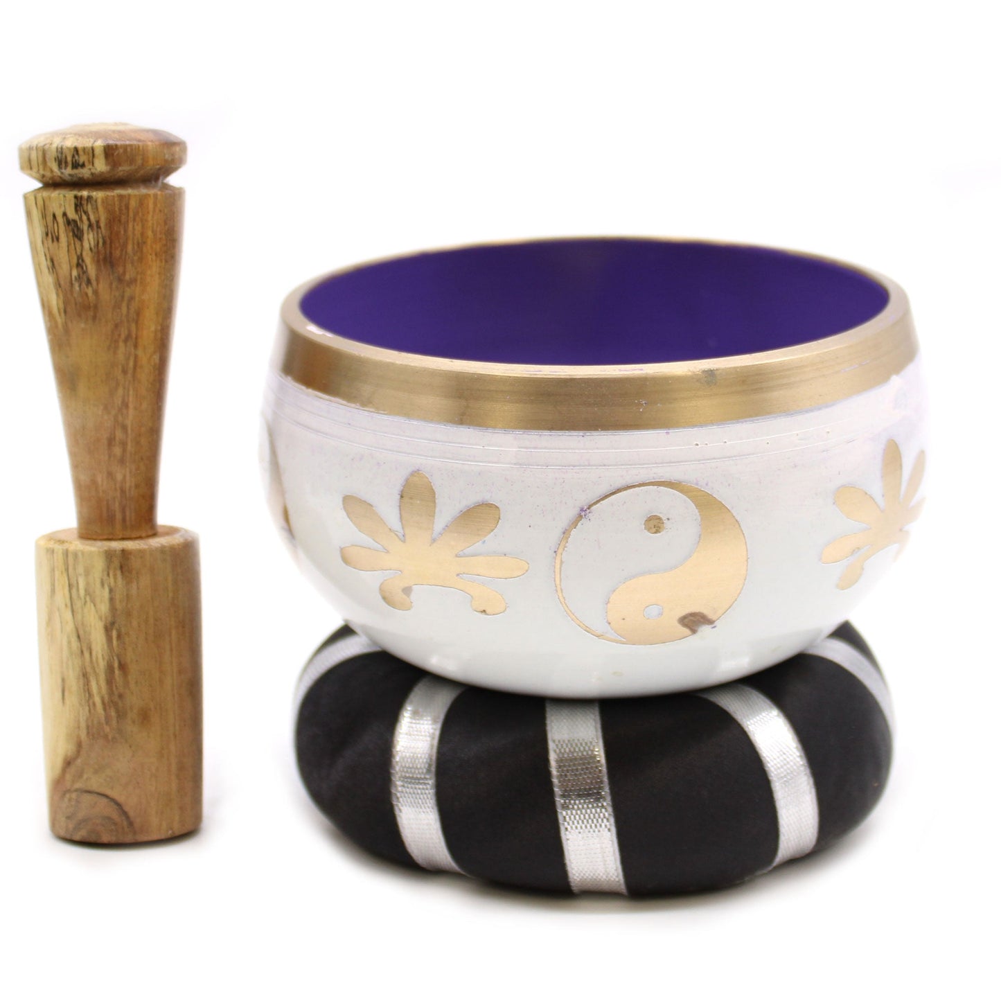 10.7cm Brass Singing Bowl Set- Yin and Yang / White and Purple product packaging on clean background from Quintessential Holistic Health Ltd