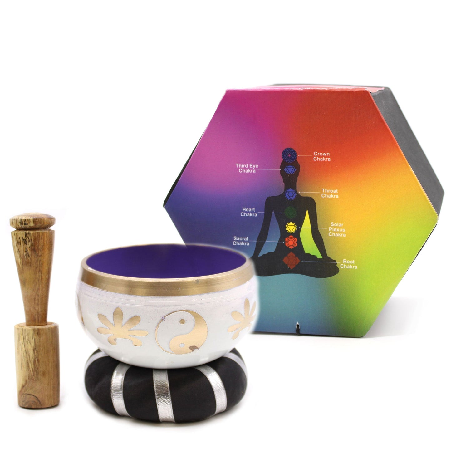 10.7cm Brass Singing Bowl Set- Yin and Yang / White and Purple product packaging on clean background from Quintessential Holistic Health Ltd