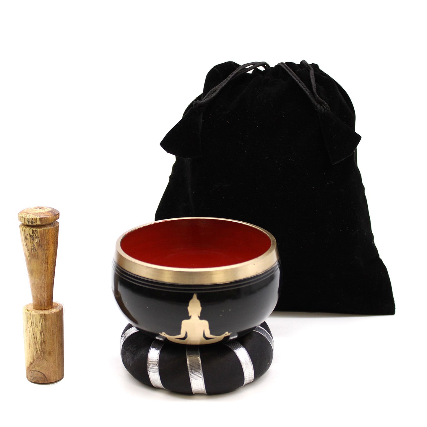 10.7cm Brass Singing Bowl Set- Buddha / Black and Orange product packaging on clean background from Quintessential Holistic Health Ltd