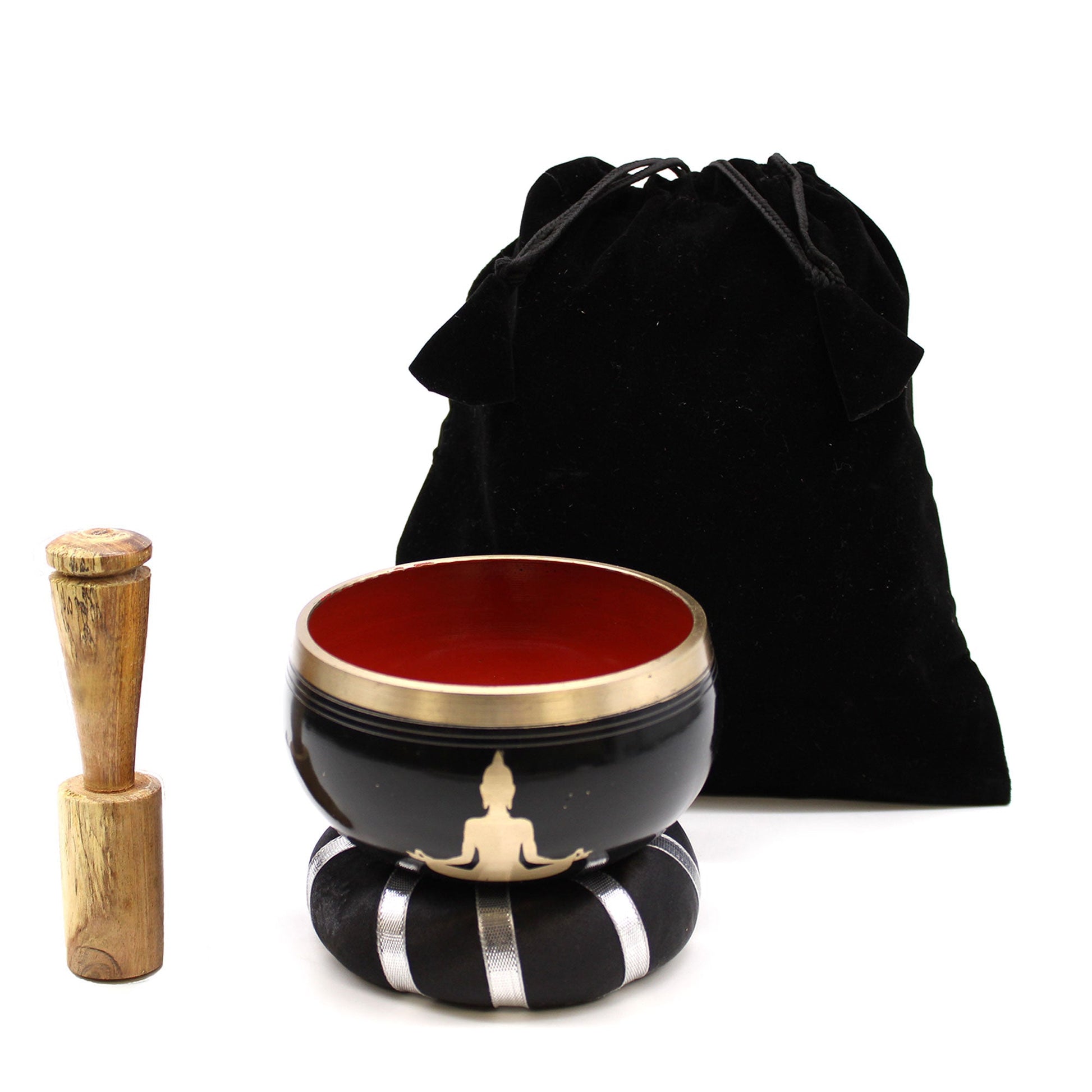 10.7cm Brass Singing Bowl Set- Buddha / Black and Orange product packaging on clean background from Quintessential Holistic Health Ltd