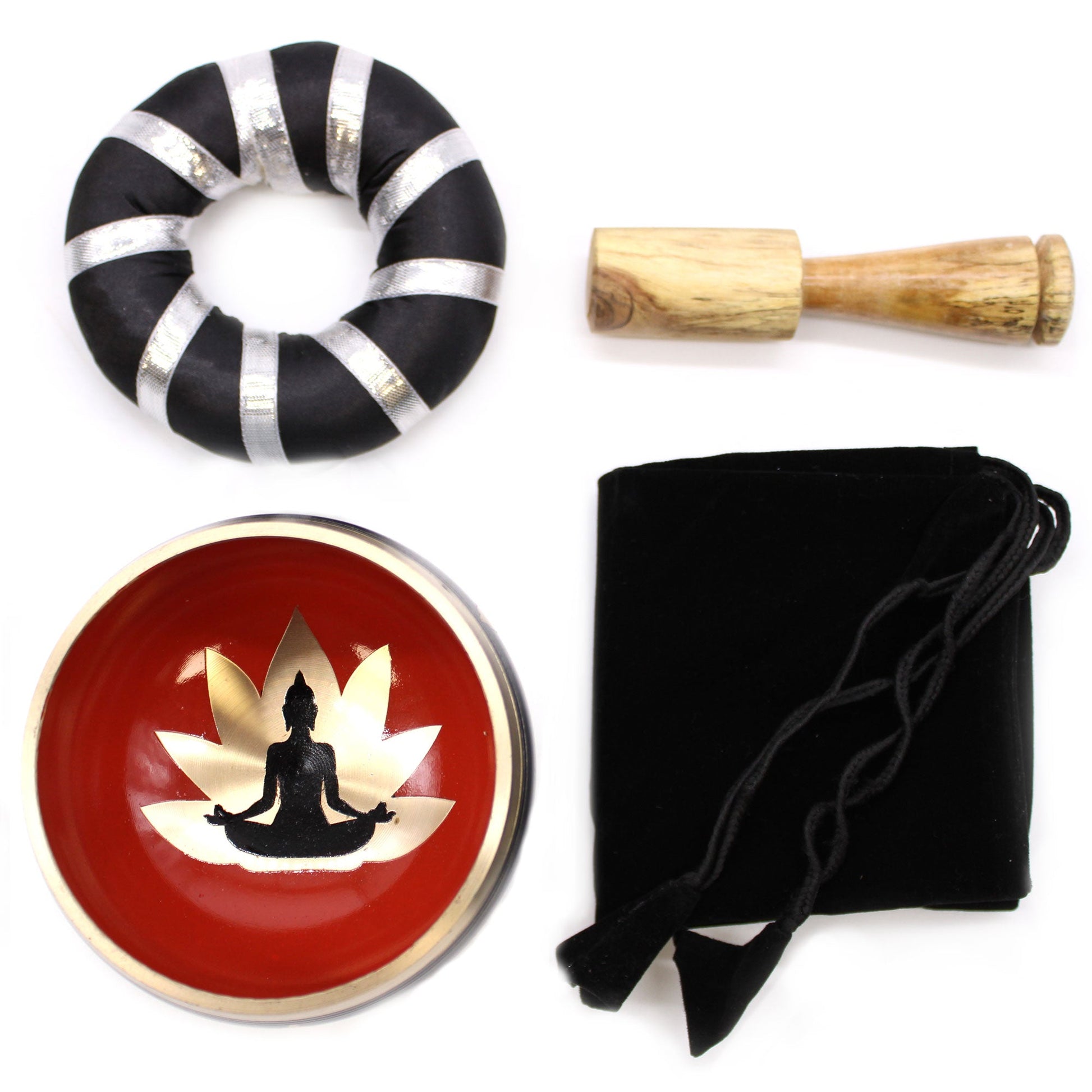 10.7cm Brass Singing Bowl Set- Buddha / Black and Orange product packaging on clean background from Quintessential Holistic Health Ltd