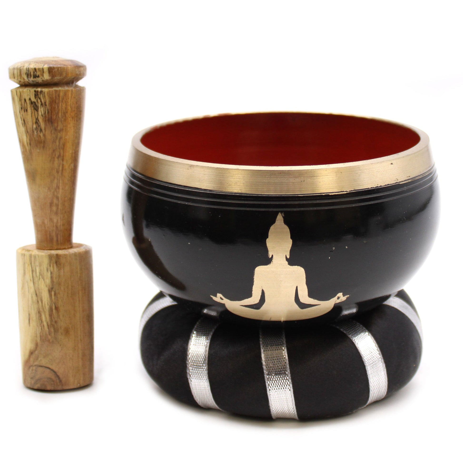 10.7cm Brass Singing Bowl Set- Buddha / Black and Orange product packaging on clean background from Quintessential Holistic Health Ltd