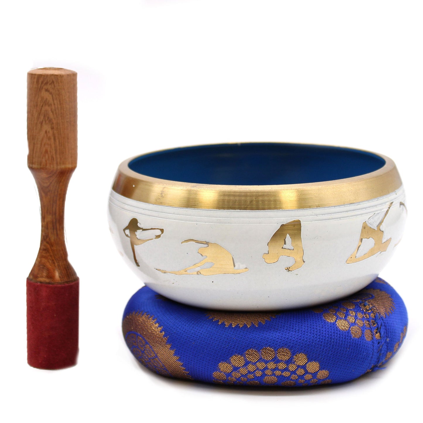 14cm Brass Singing Bowl Set - Yoga Poses / White and Blue product packaging on clean background from Quintessential Holistic Health Ltd