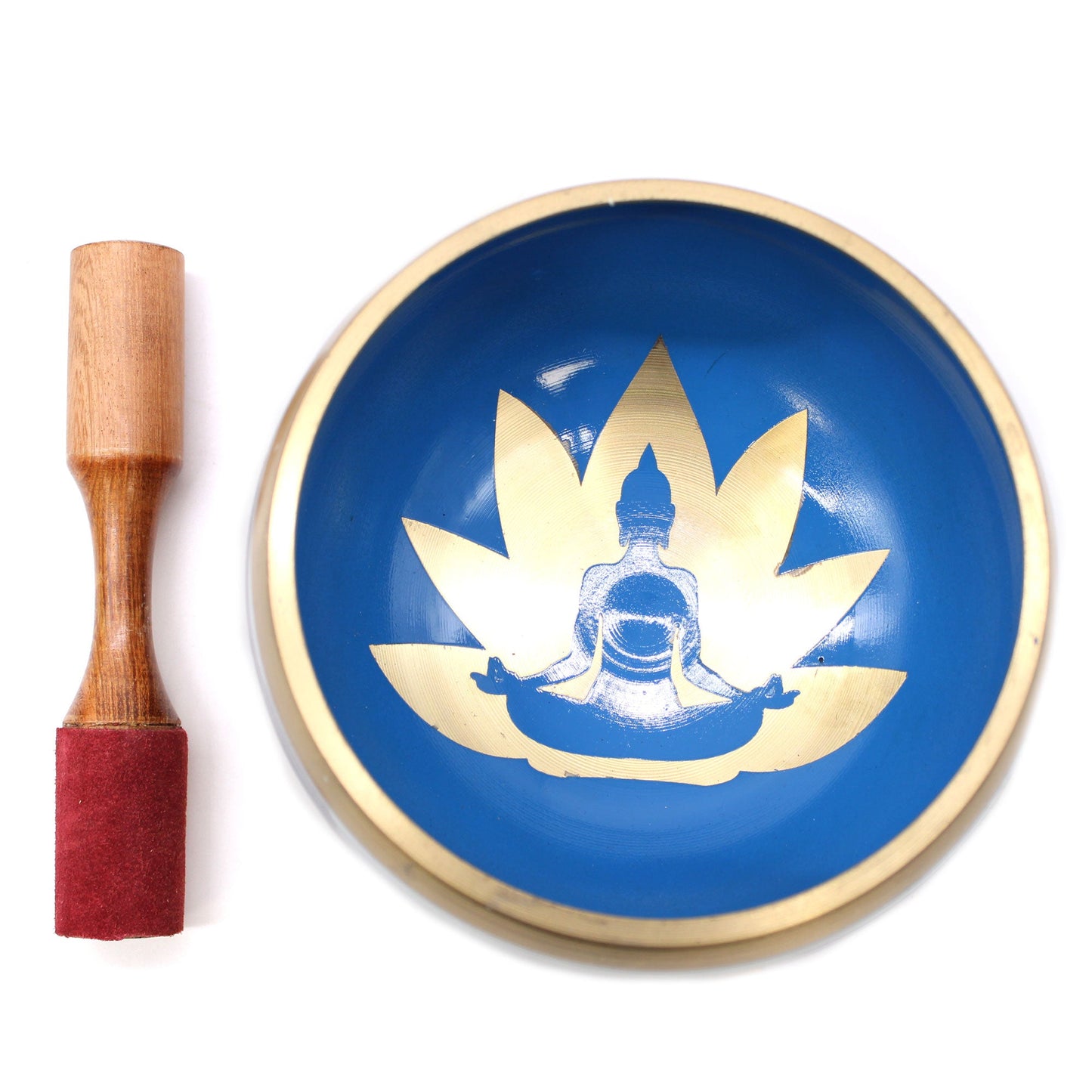 14cm Brass Singing Bowl Set - Yoga Poses / White and Blue product packaging on clean background from Quintessential Holistic Health Ltd