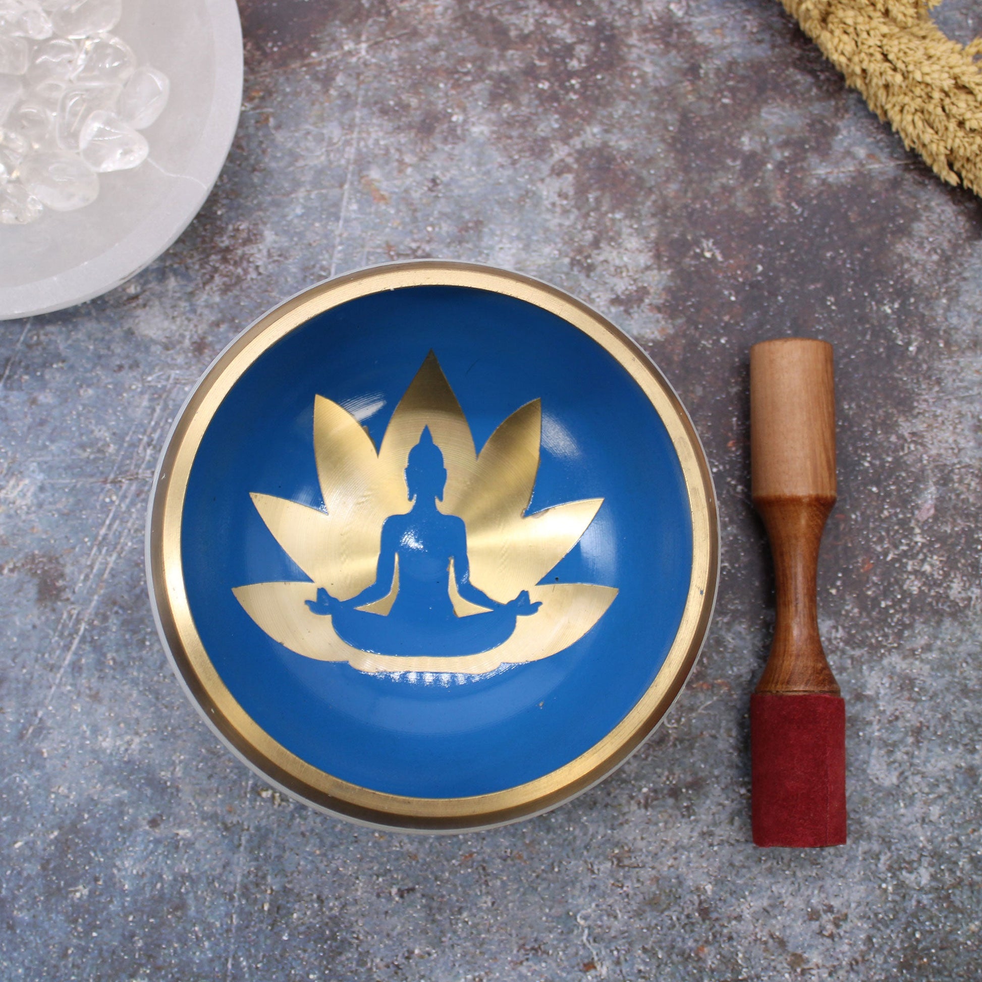 14cm Brass Singing Bowl Set - Yoga Poses / White and Blue product packaging on clean background from Quintessential Holistic Health Ltd