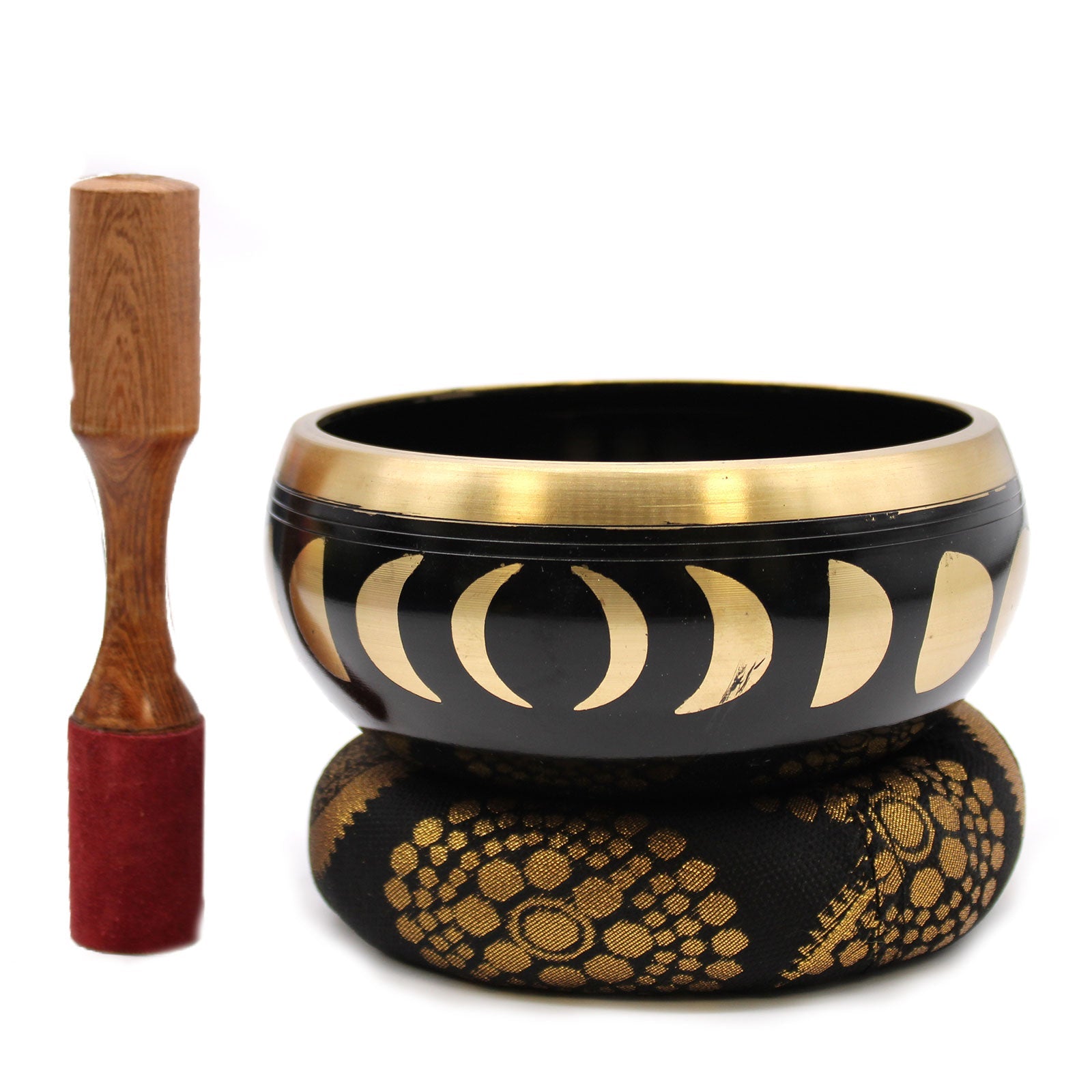 14cm Brass Singing Bowl Set- Moon Phase / Black product packaging on clean background from Quintessential Holistic Health Ltd