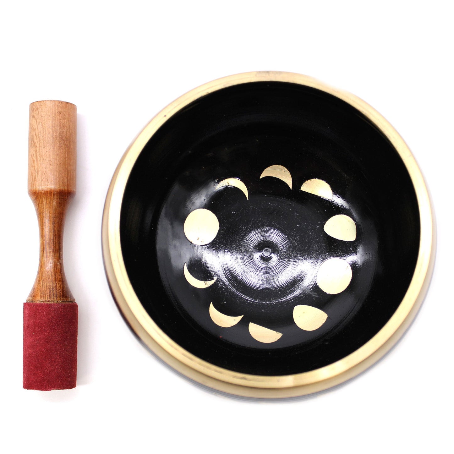 14cm Brass Singing Bowl Set- Moon Phase / Black product packaging on clean background from Quintessential Holistic Health Ltd