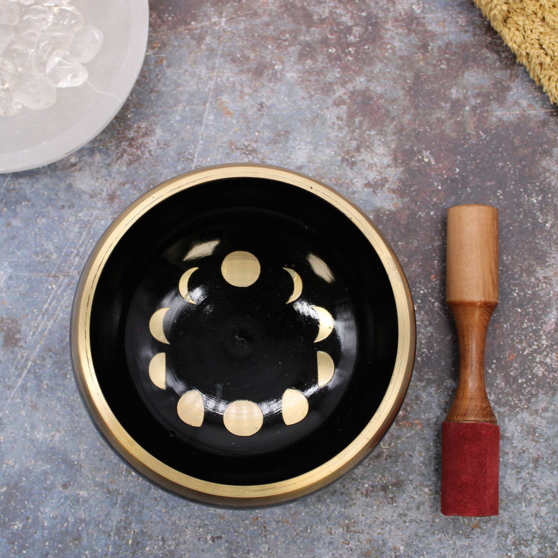 14cm Brass Singing Bowl Set- Moon Phase / Black product packaging on clean background from Quintessential Holistic Health Ltd