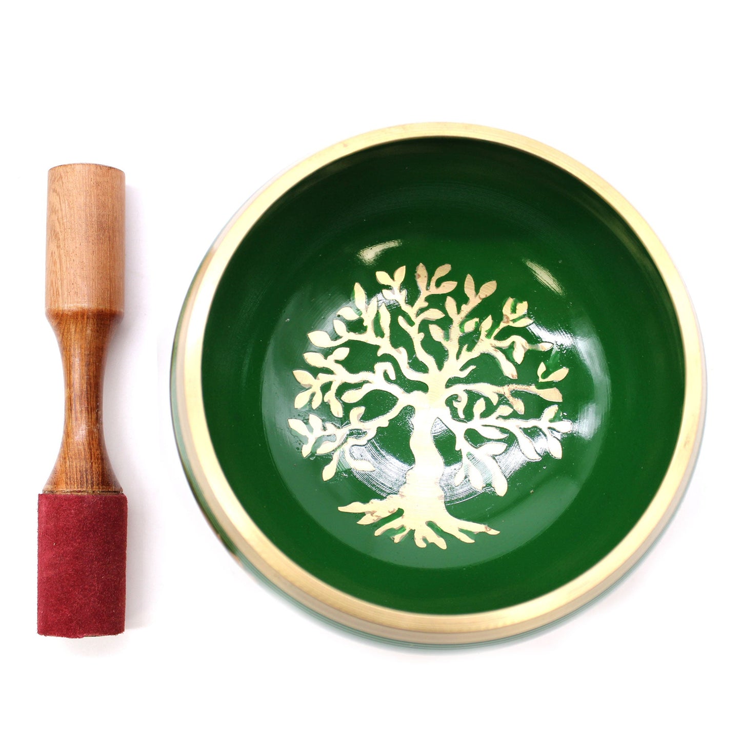 14cm Brass Singing Bowl Set - Tree of Life / Green product packaging on clean background from Quintessential Holistic Health Ltd