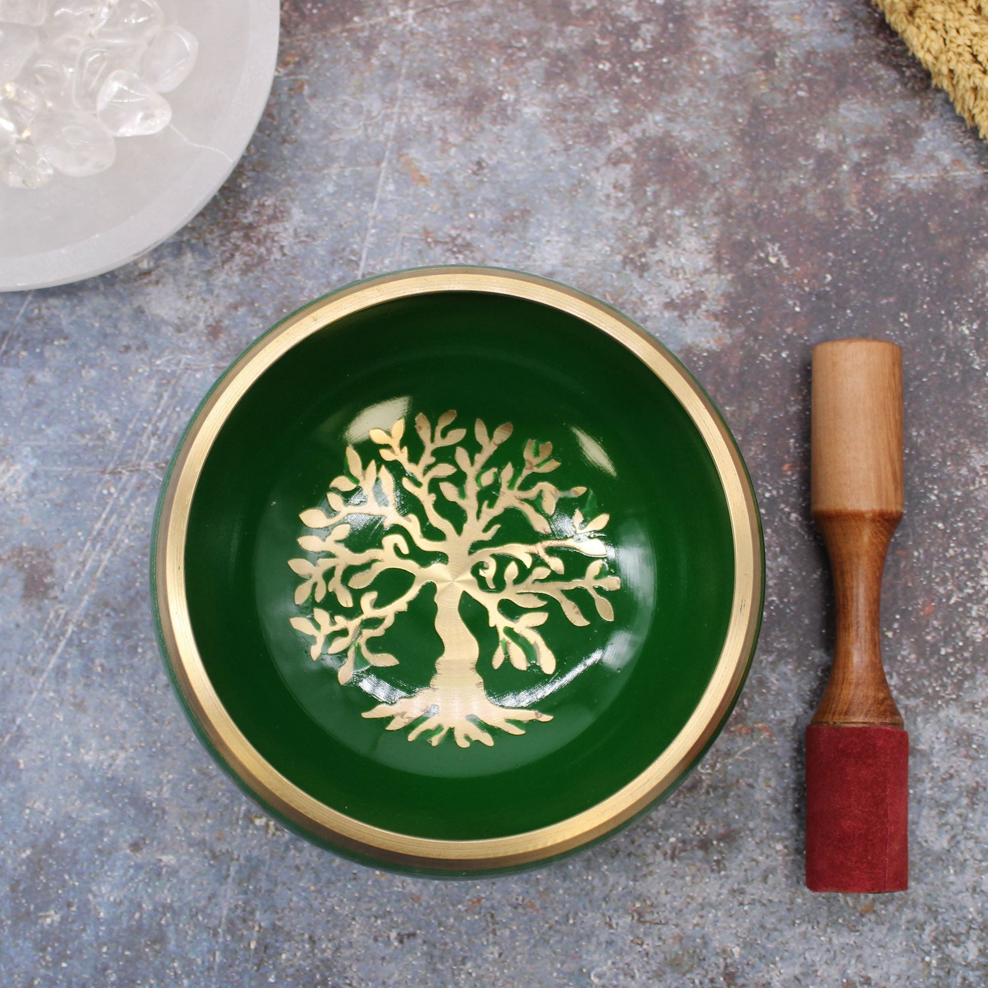 14cm Brass Singing Bowl Set - Tree of Life / Green product packaging on clean background from Quintessential Holistic Health Ltd