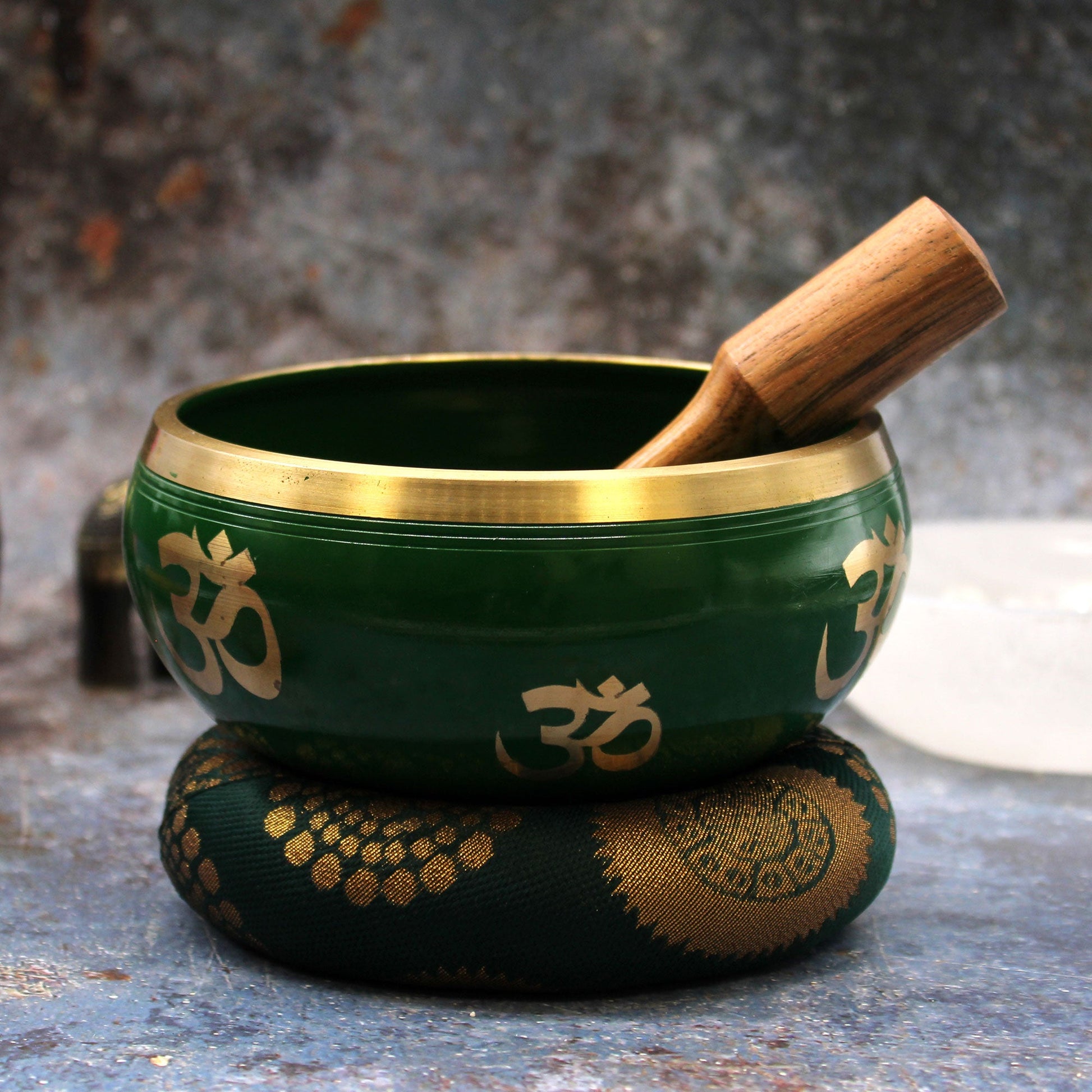 14cm Brass Singing Bowl Set - Tree of Life / Green product packaging on clean background from Quintessential Holistic Health Ltd