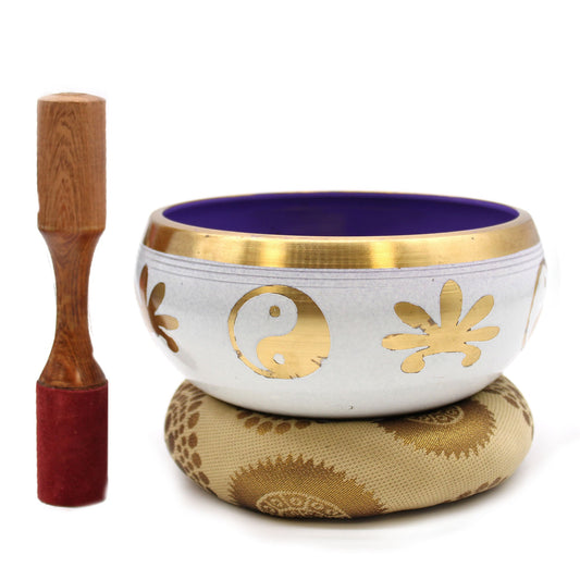 14cm Brass Singing Bowl Set- Yin and Yang / White and Purple product packaging on clean background from Quintessential Holistic Health Ltd