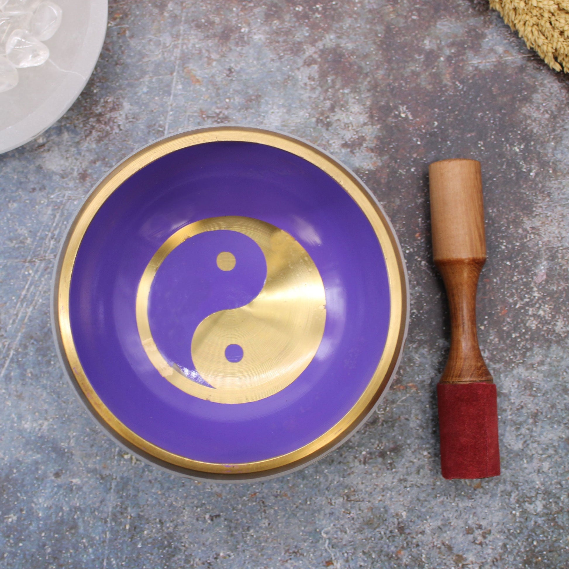 14cm Brass Singing Bowl Set- Yin and Yang / White and Purple product packaging on clean background from Quintessential Holistic Health Ltd