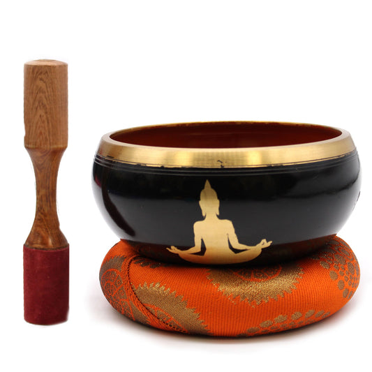 14cm Brass Singing Bowl Set- Buddha / Black and Orange product packaging on clean background from Quintessential Holistic Health Ltd