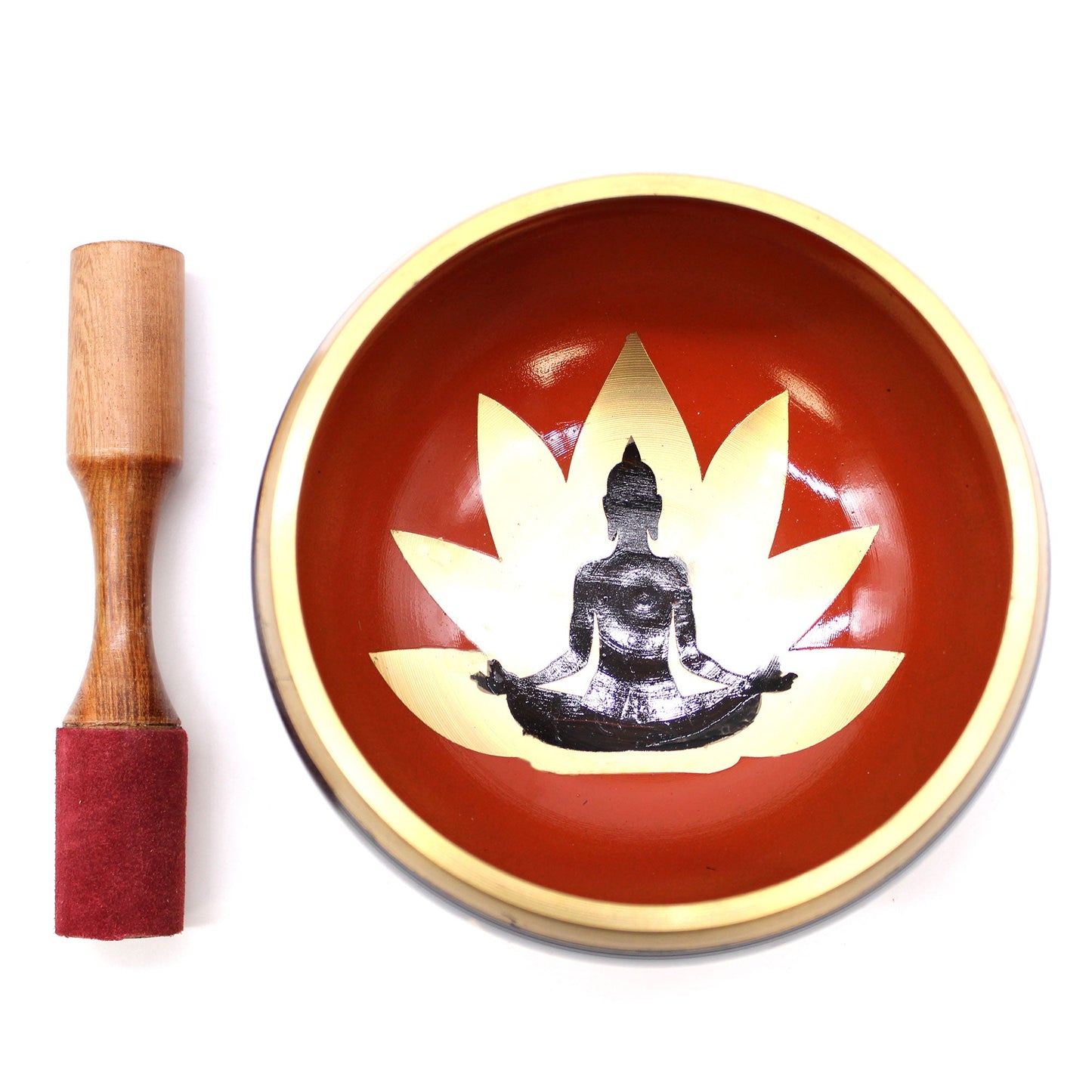 14cm Brass Singing Bowl Set- Buddha / Black and Orange product packaging on clean background from Quintessential Holistic Health Ltd