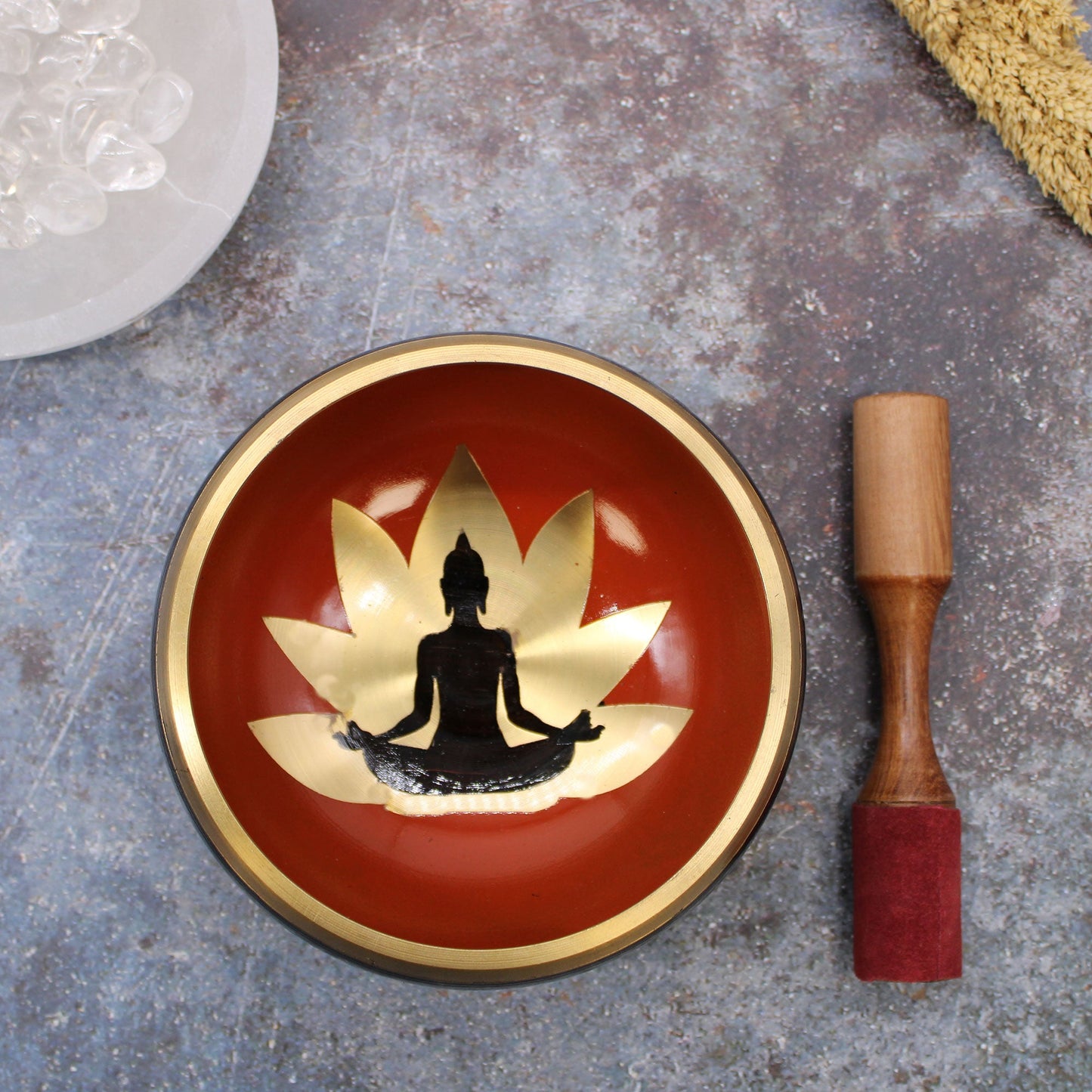 14cm Brass Singing Bowl Set- Buddha / Black and Orange product packaging on clean background from Quintessential Holistic Health Ltd