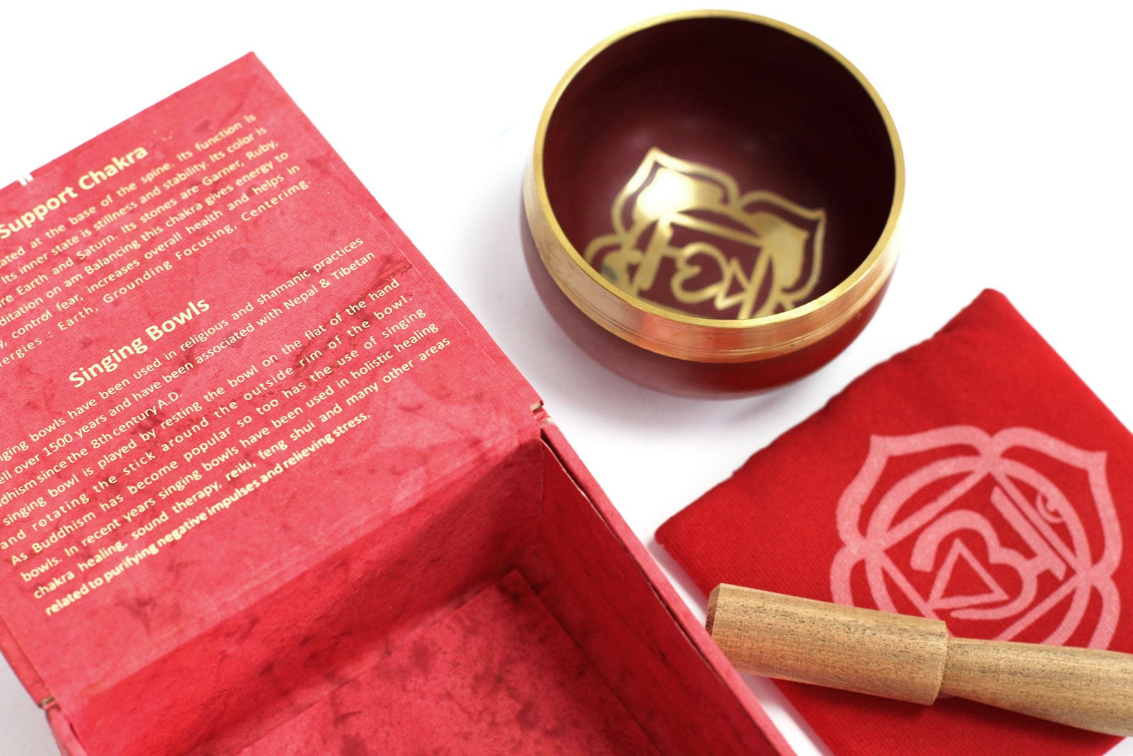 8cm Authentic Healing Chakra Brass Singing Bowl Set - Root / Support Chakra product packaging on clean background from Quintessential Holistic Health Ltd