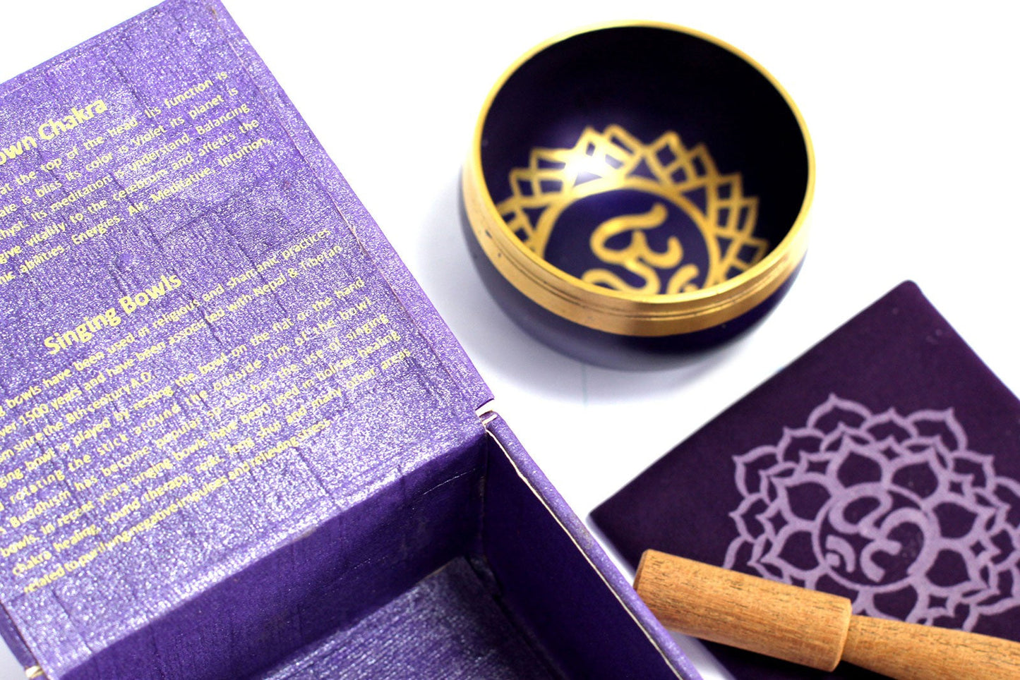 8cm Authentic Healing Chakra Brass Singing Bowl Set - Crown Chakra product packaging on clean background from Quintessential Holistic Health Ltd