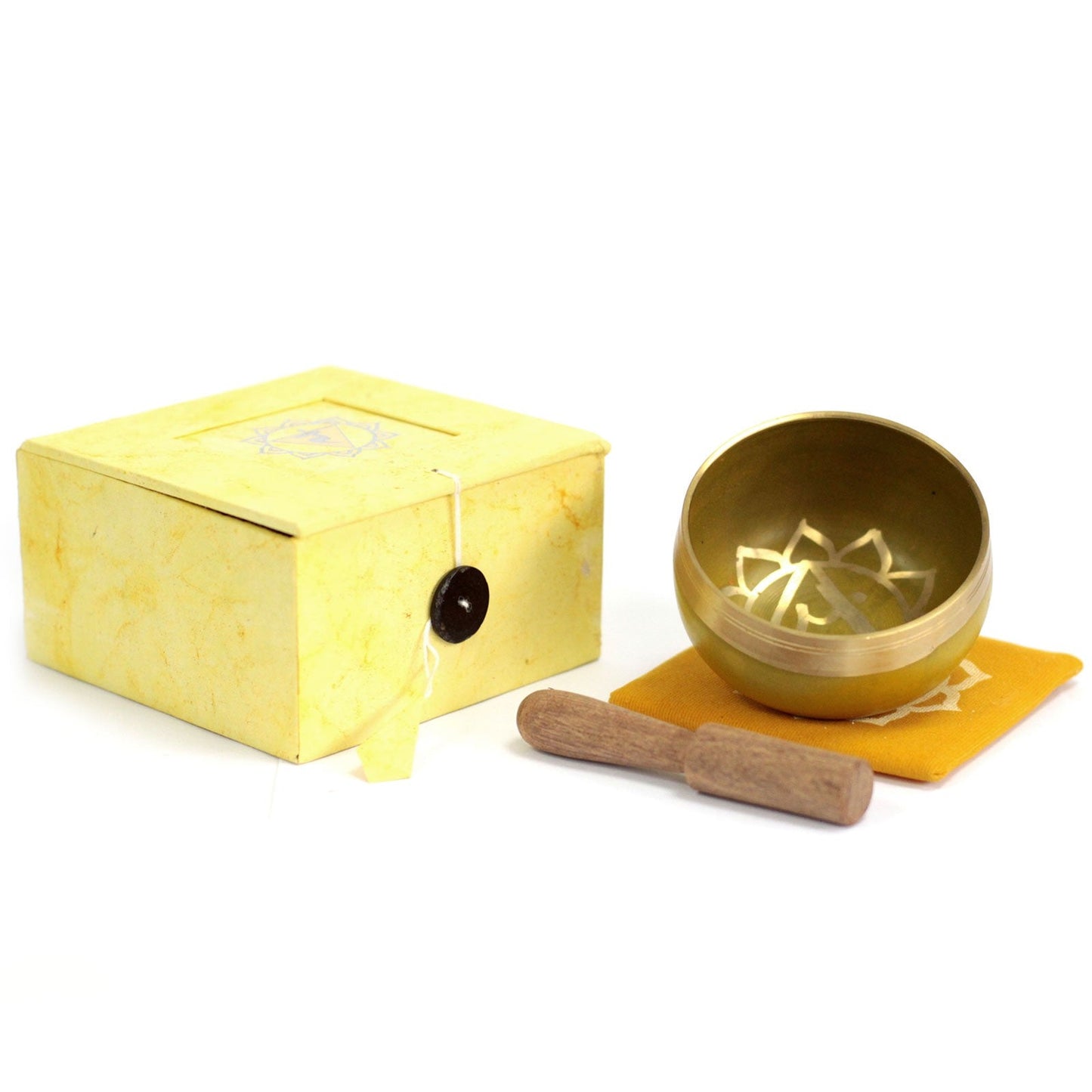 8cm Authentic Healing Chakra Brass Singing Bowl Set - Solar Plexus Chakra product packaging on clean background from Quintessential Holistic Health Ltd