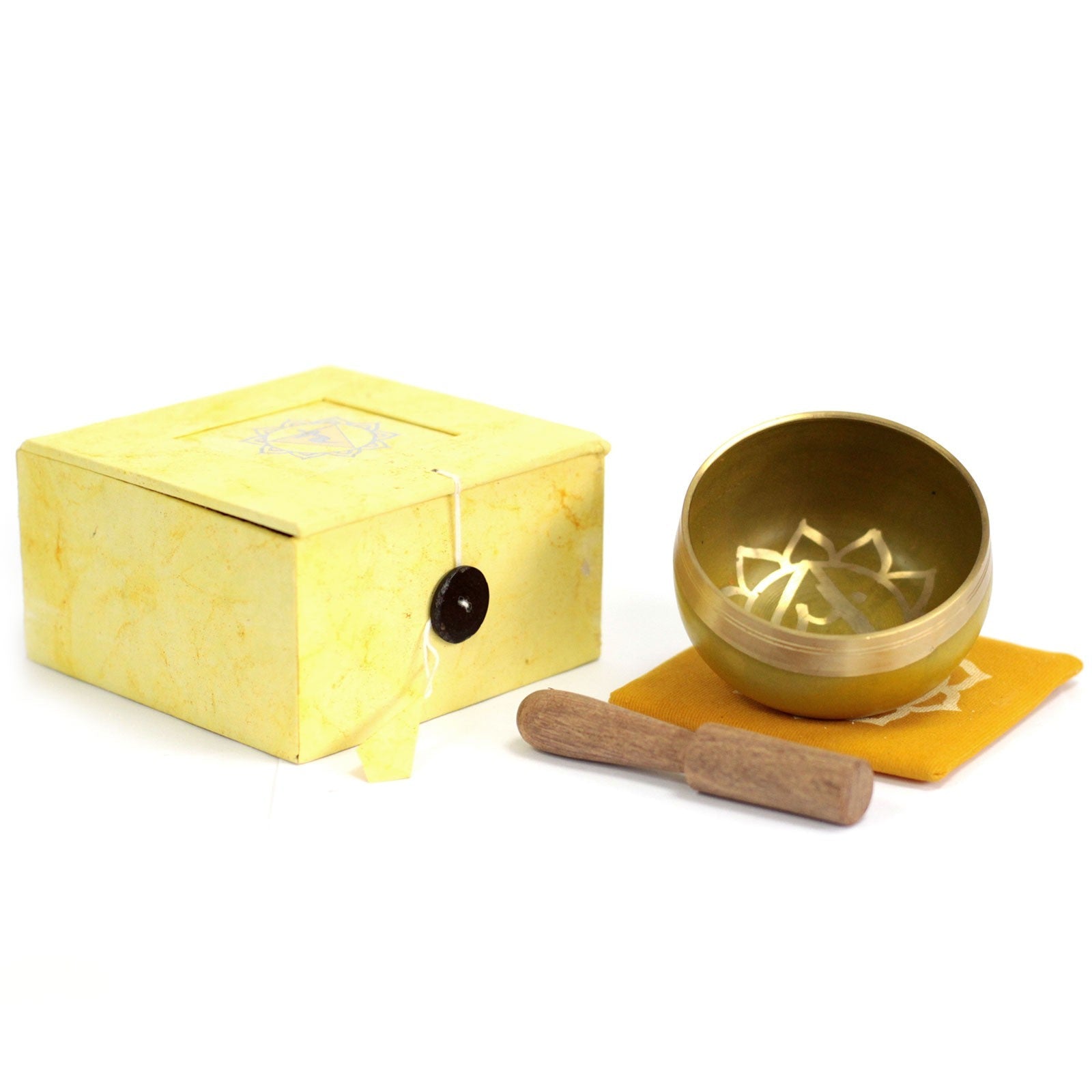 8cm Authentic Healing Chakra Brass Singing Bowl Set - Solar Plexus Chakra product packaging on clean background from Quintessential Holistic Health Ltd