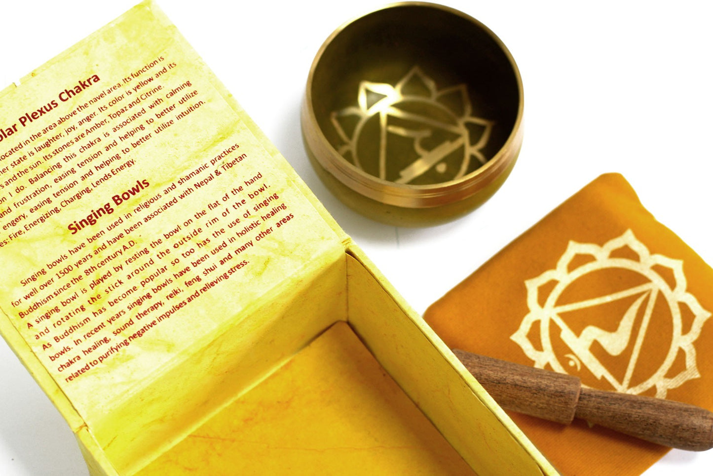 8cm Authentic Healing Chakra Brass Singing Bowl Set - Solar Plexus Chakra product packaging on clean background from Quintessential Holistic Health Ltd