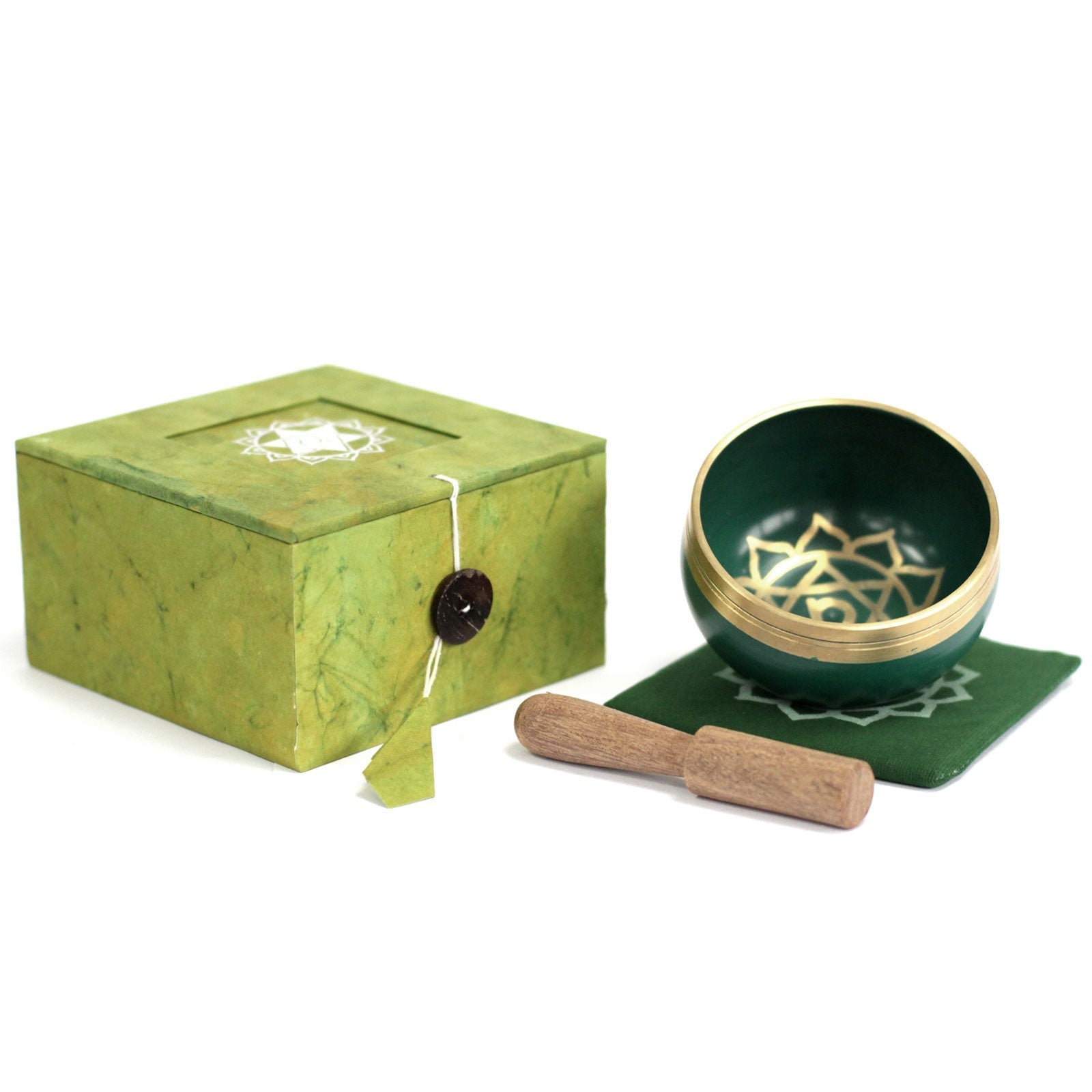 8cm Authentic Healing Chakra Brass Singing Bowl Set - Heart Chakra product packaging on clean background from Quintessential Holistic Health Ltd