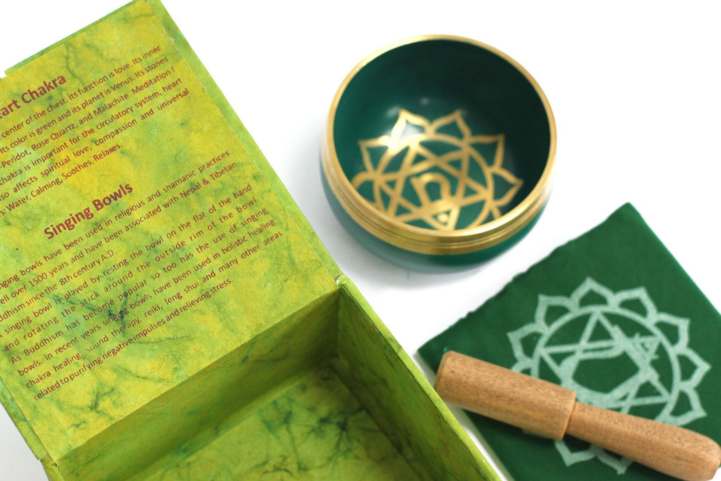 8cm Authentic Healing Chakra Brass Singing Bowl Set - Heart Chakra product packaging on clean background from Quintessential Holistic Health Ltd
