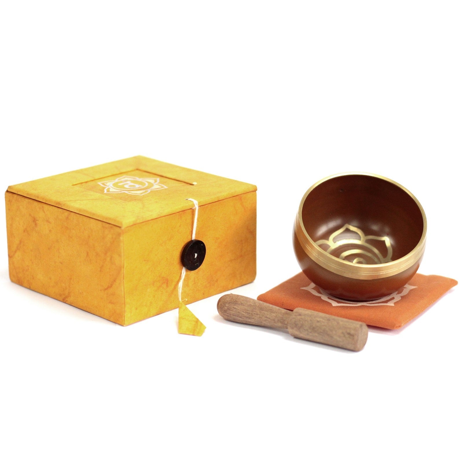 8cm Authentic Healing Chakra Brass Singing Bowl Set - Naval / Sacral Chakra product packaging on clean background from Quintessential Holistic Health Ltd