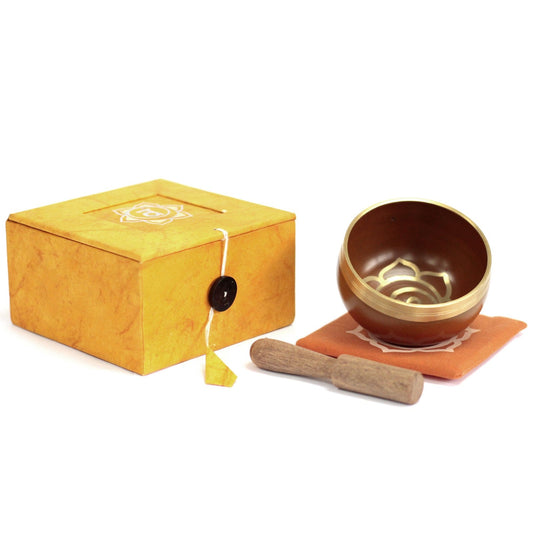 8cm Authentic Healing Chakra Brass Singing Bowl Set - Naval / Sacral Chakra product packaging on clean background from Quintessential Holistic Health Ltd