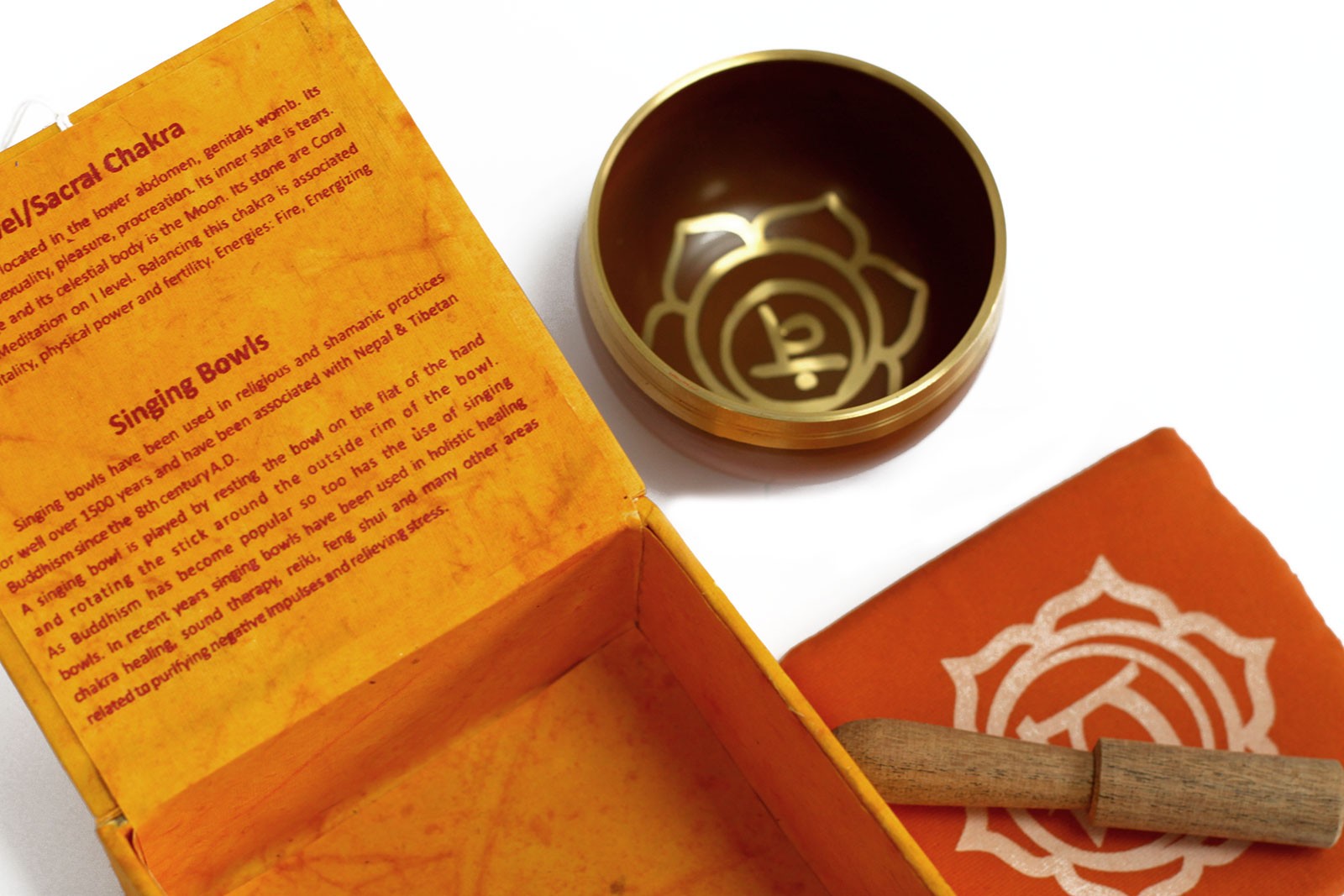 8cm Authentic Healing Chakra Brass Singing Bowl Set - Naval / Sacral Chakra product packaging on clean background from Quintessential Holistic Health Ltd