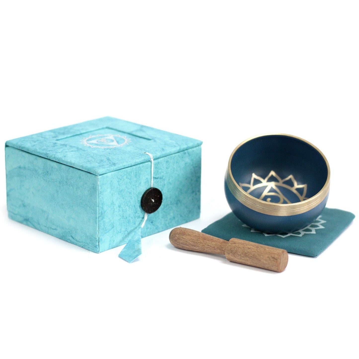 8cm Authentic Healing Chakra Brass Singing Bowl Set - Throat Chakra product packaging on clean background from Quintessential Holistic Health Ltd