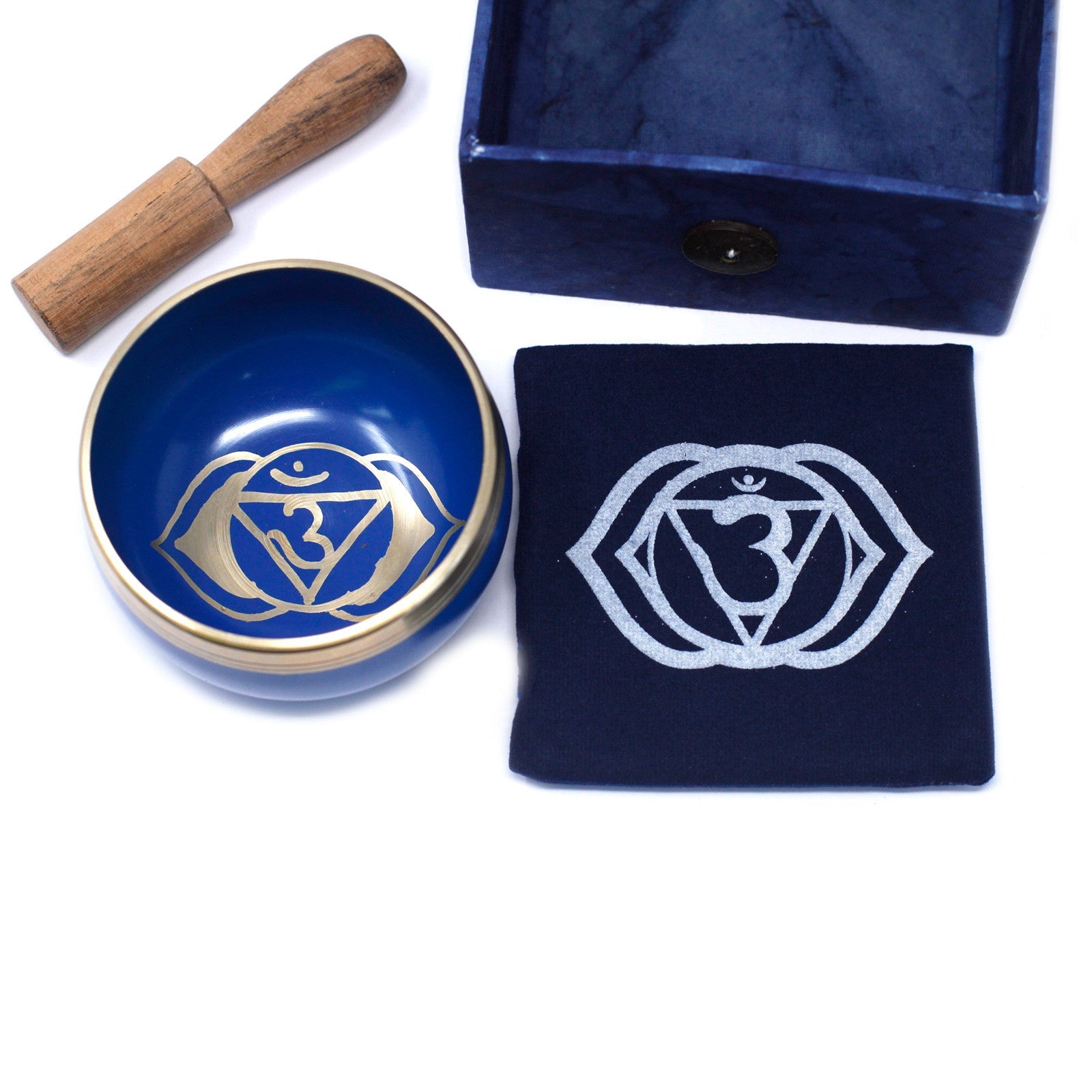8cm Authentic Healing Chakra Brass Singing Bowl Set - Third Eye Chakra product packaging on clean background from Quintessential Holistic Health Ltd