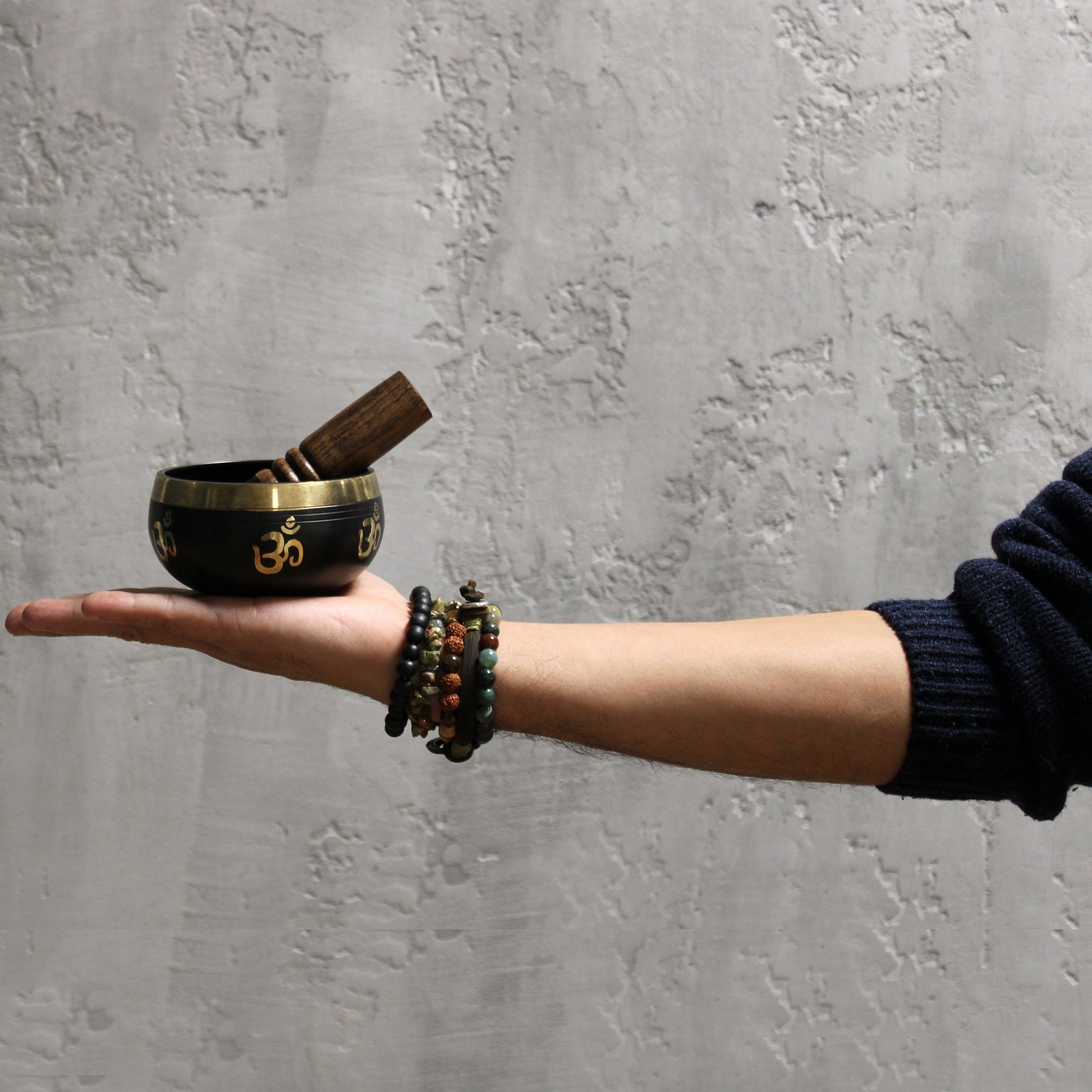 9cm Authentic Brass Singing Bowl Set - Om product packaging on clean background from Quintessential Holistic Health Ltd