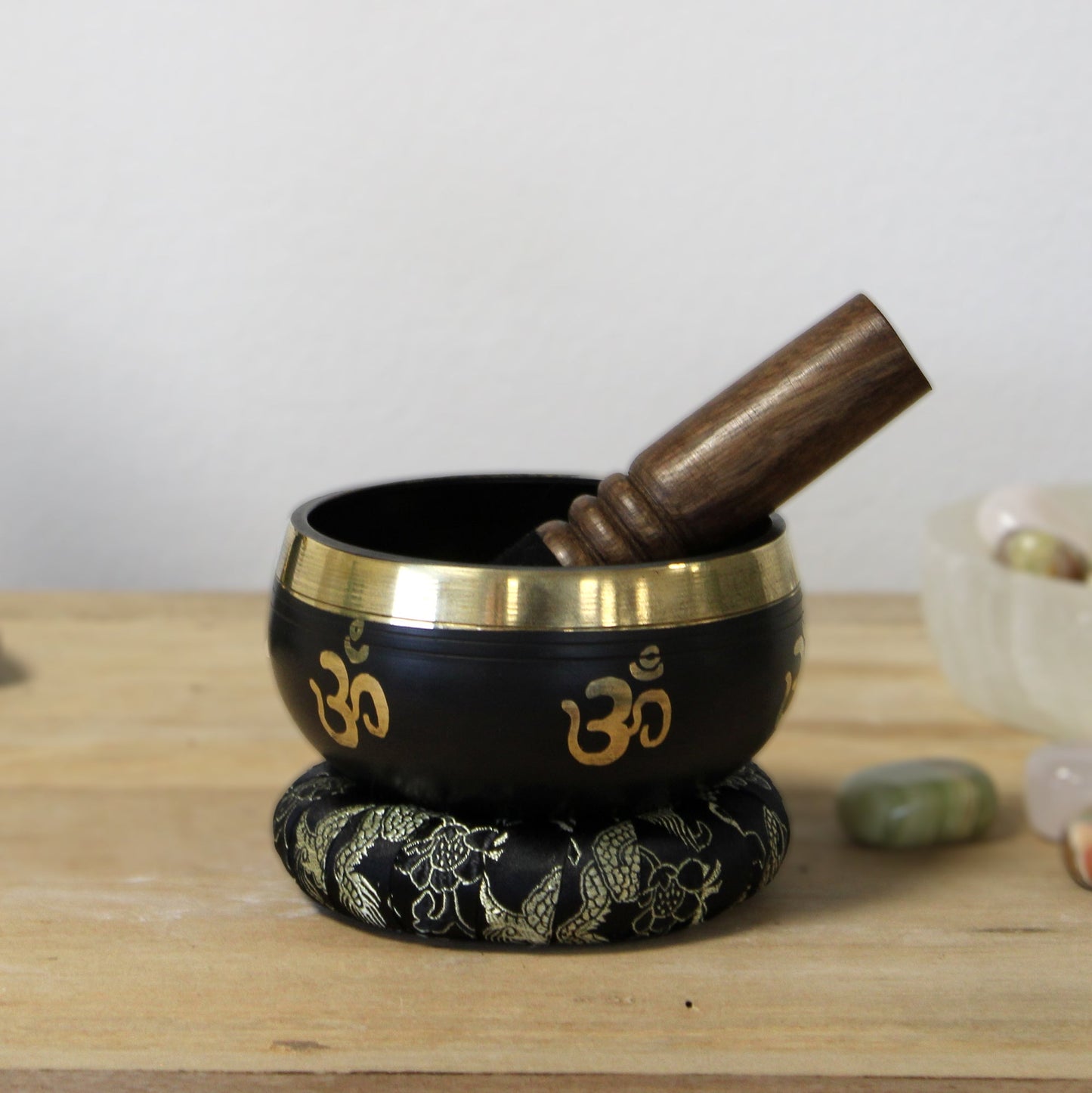 9cm Authentic Brass Singing Bowl Set - Om product packaging on clean background from Quintessential Holistic Health Ltd