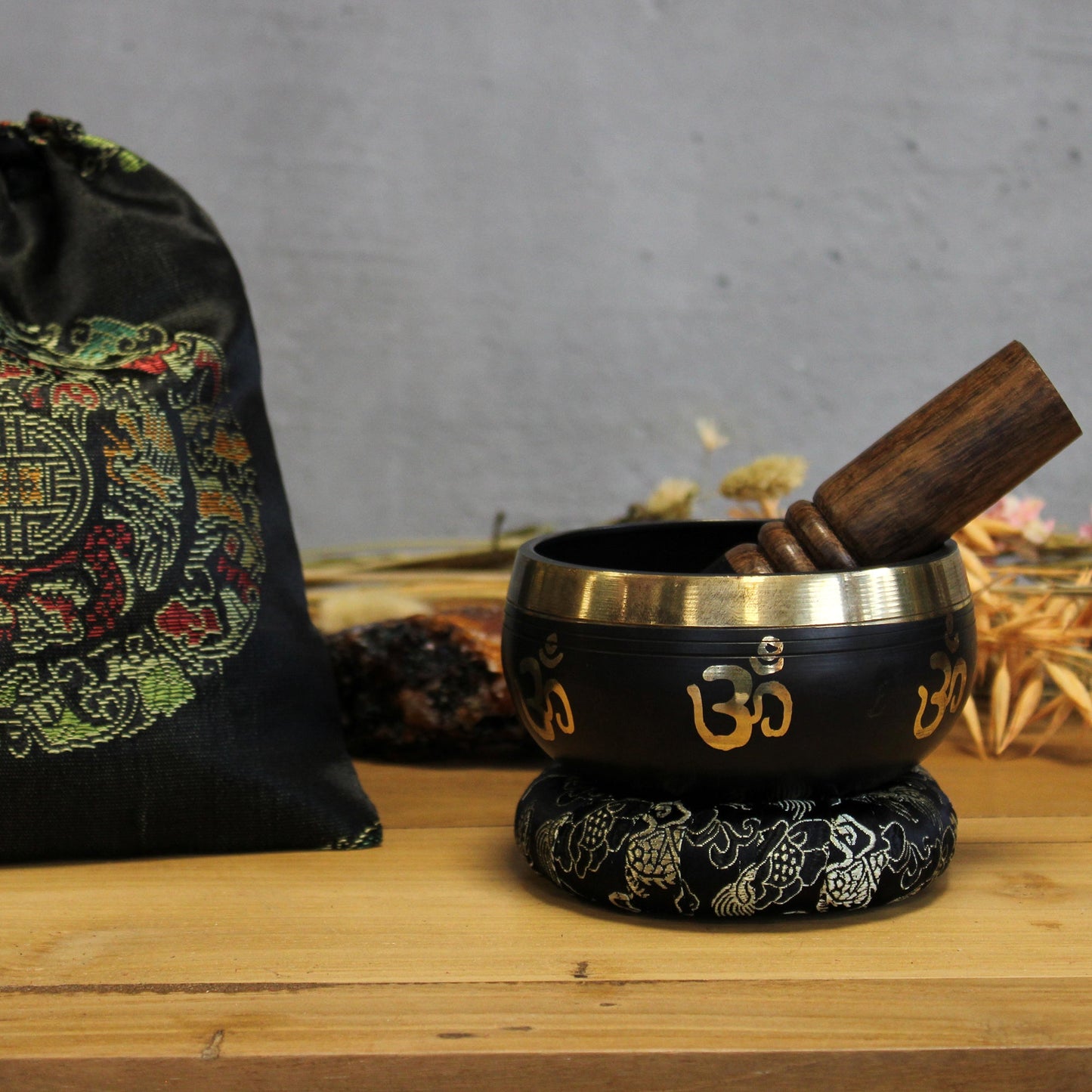 9cm Authentic Brass Singing Bowl Set - Om product packaging on clean background from Quintessential Holistic Health Ltd