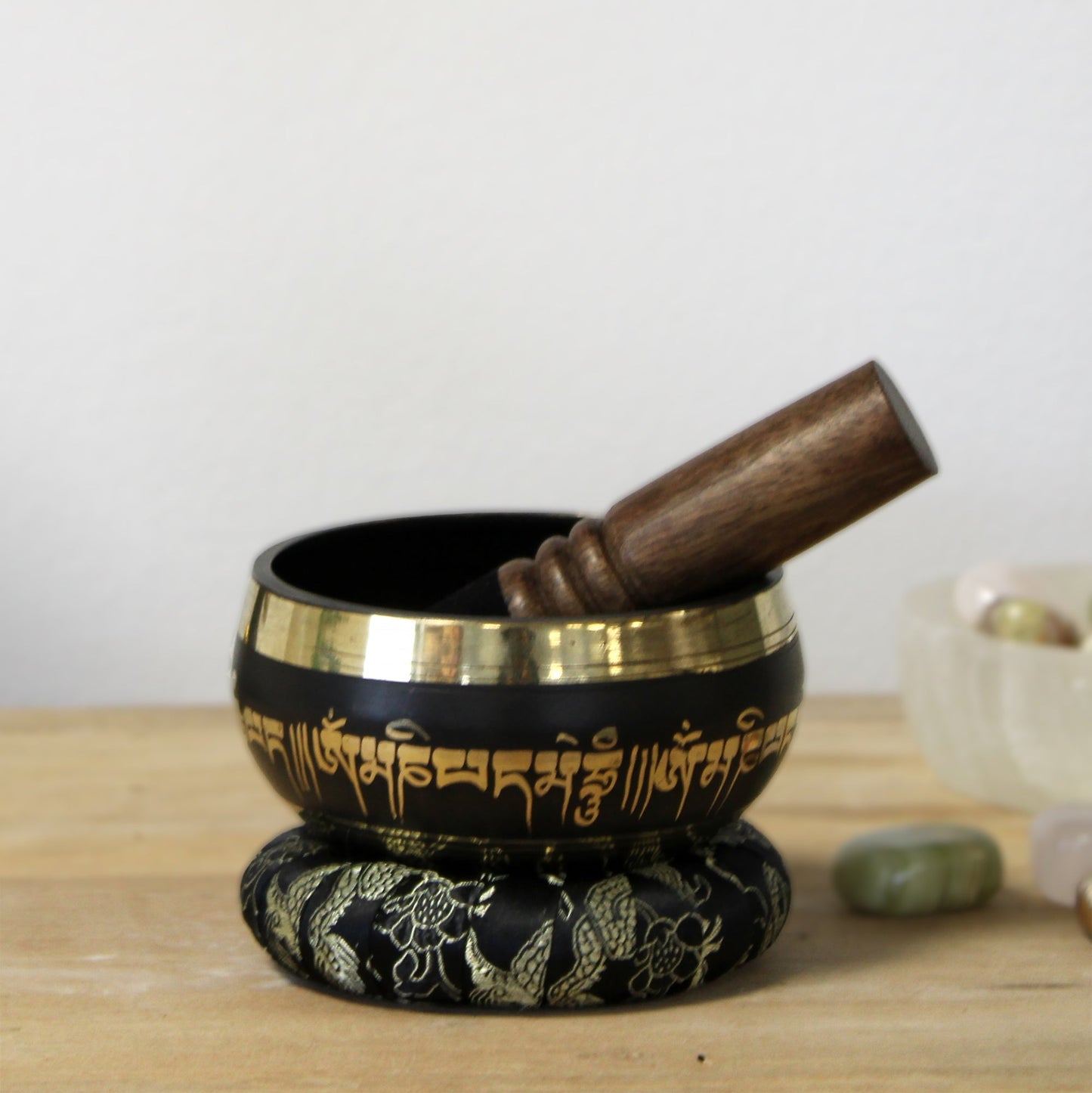 9cm Authentic Brass Singing Bowl Set - Lotus Flower product packaging on clean background from Quintessential Holistic Health Ltd